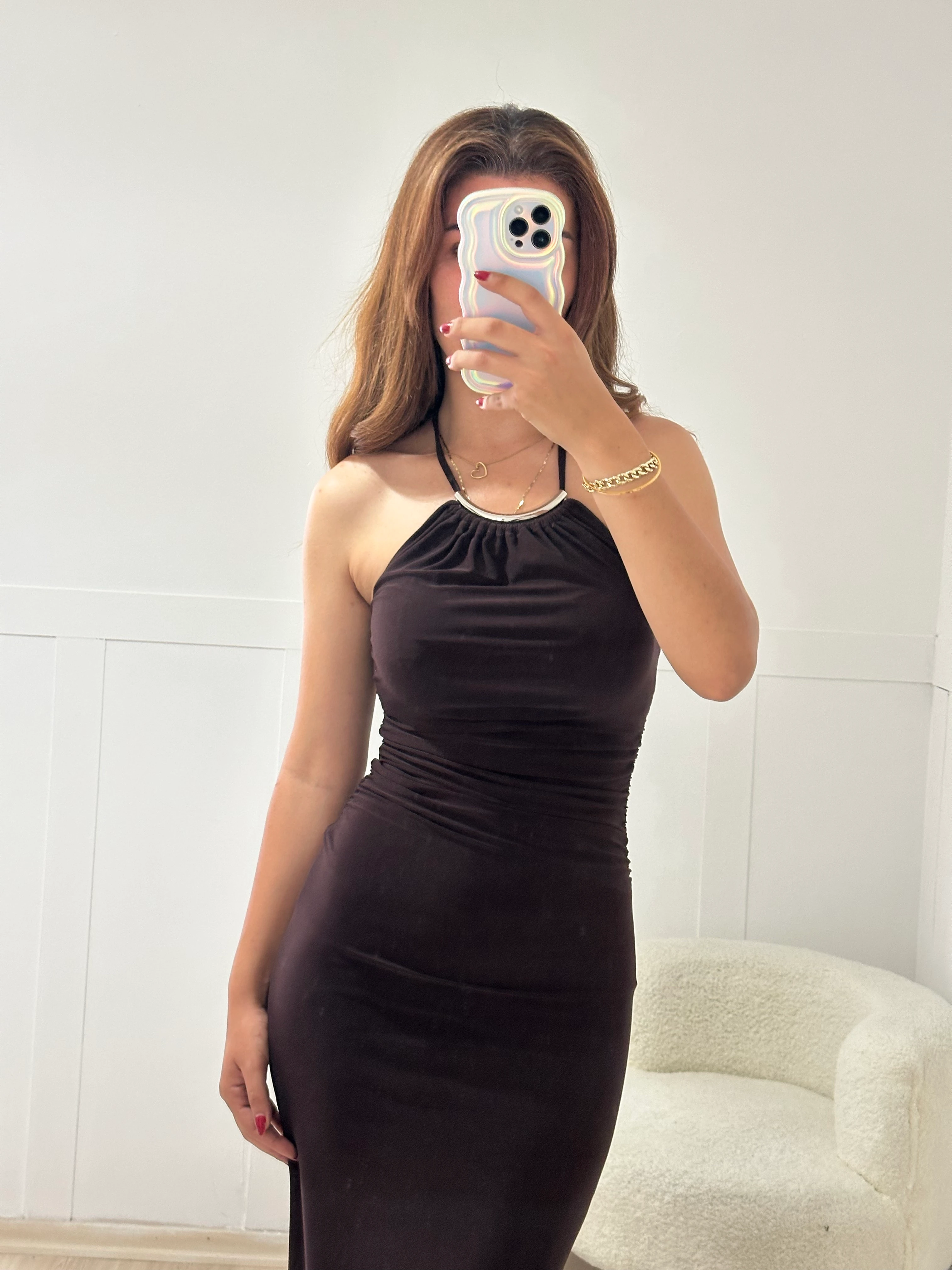 Gold yaka detaylı kalem elbise acı kahve 