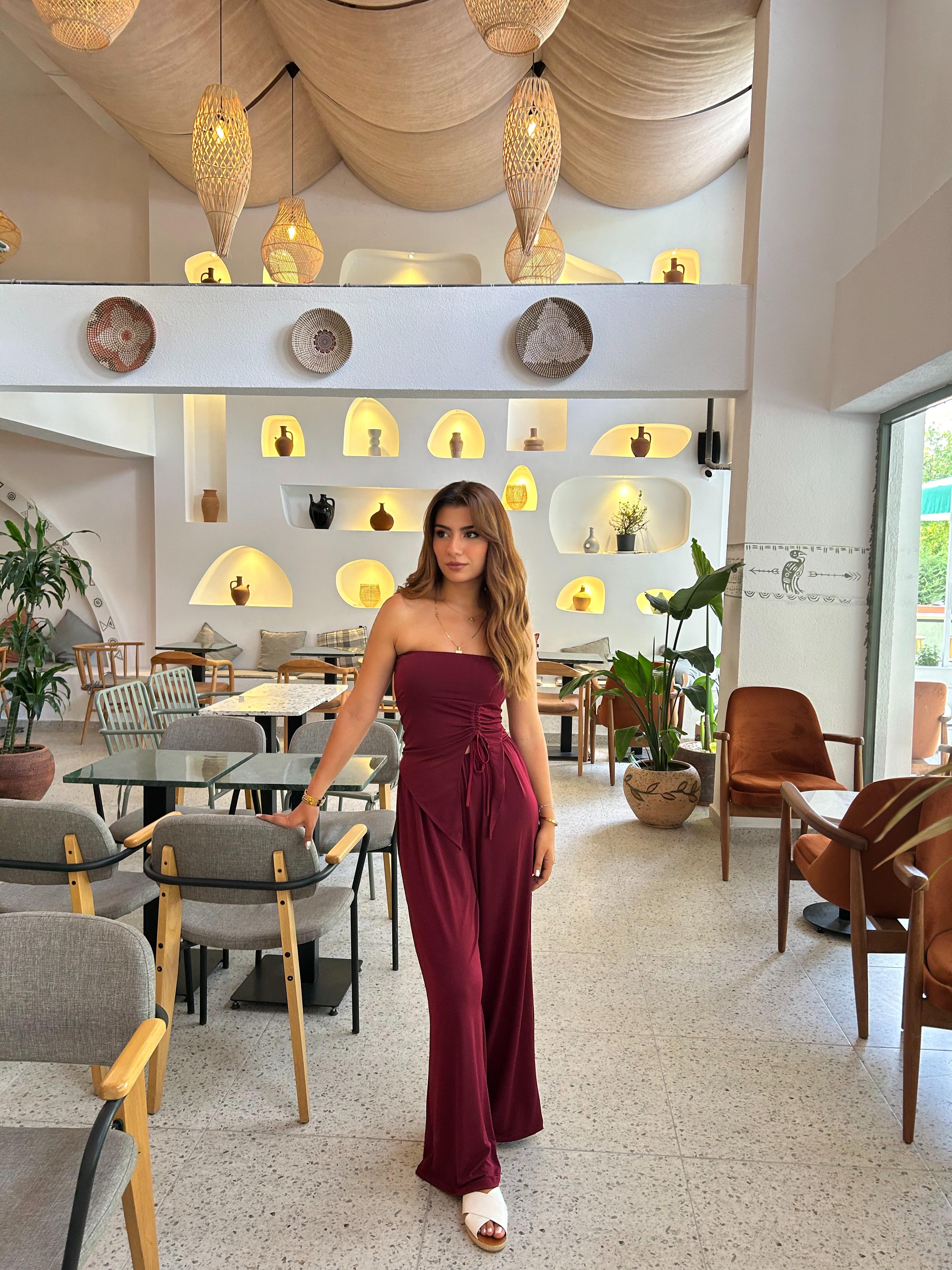 Straplez bordo büzgülü takım 