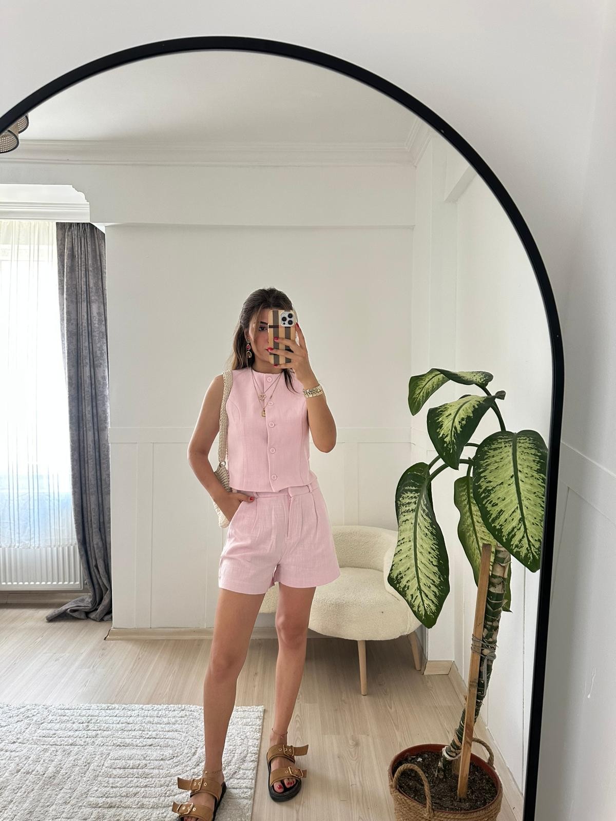 Pembe Keten Yelek Şort Takım