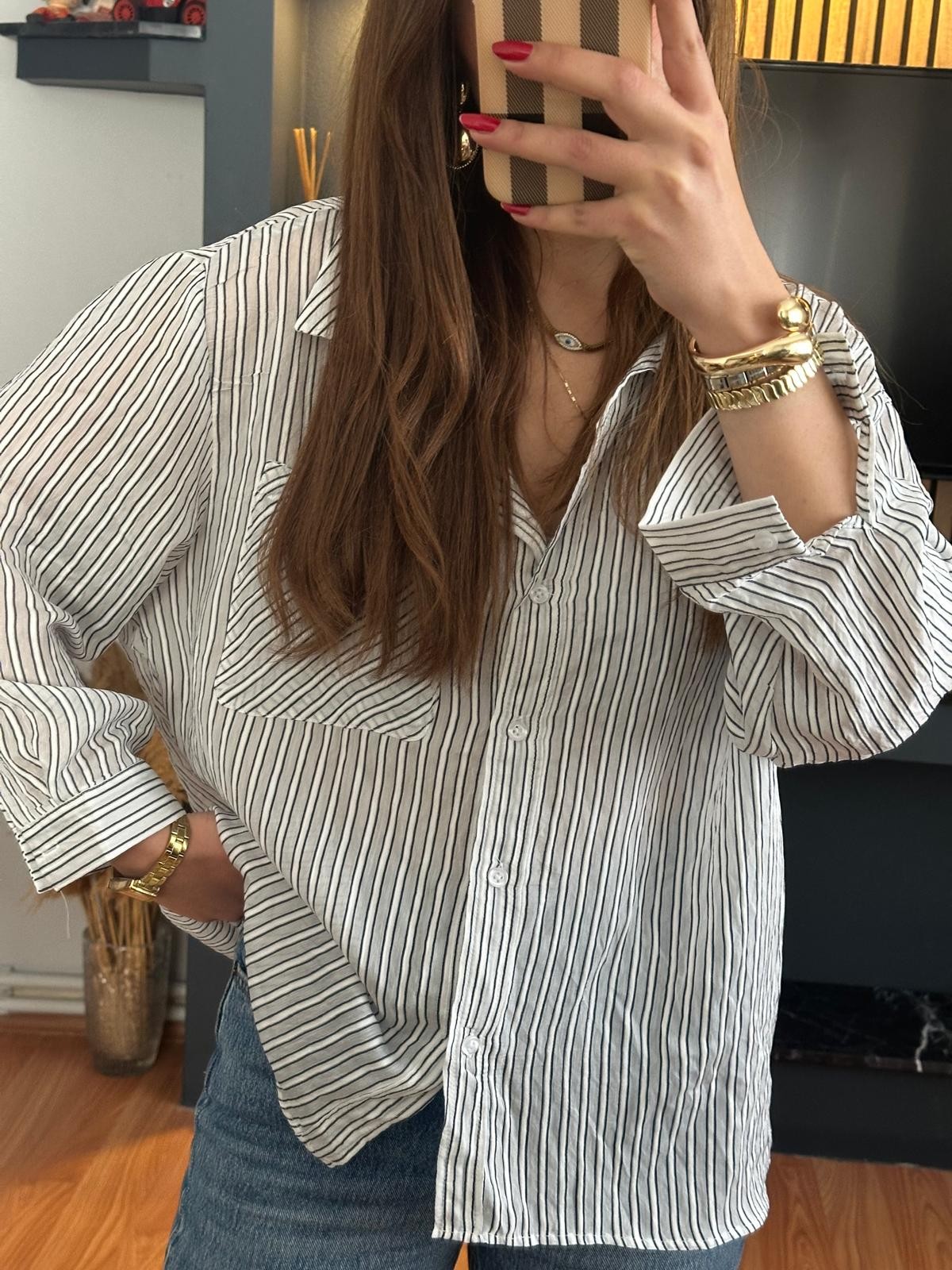 Lacivert Çizgili Oversize Gömlek