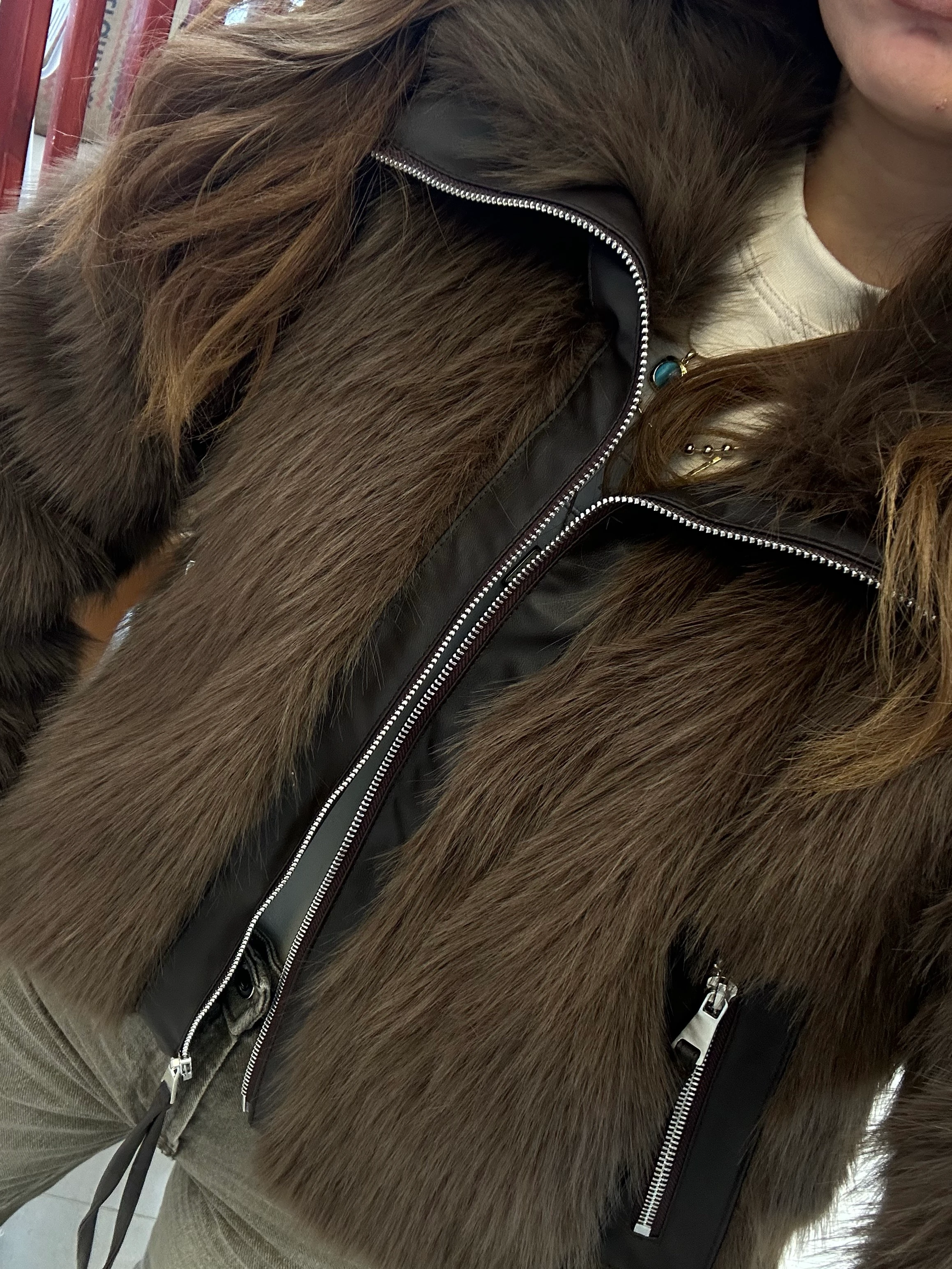 Deri detaylı acı kahve kürk 