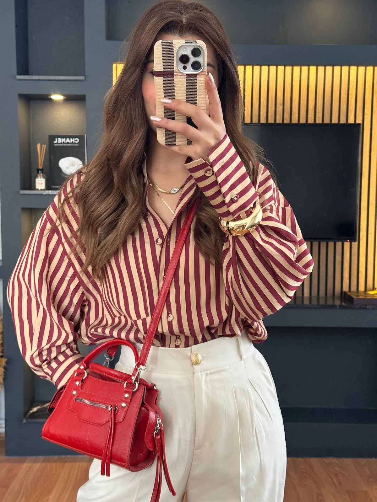 Kırmızı Çizgili Oversize Gömlek