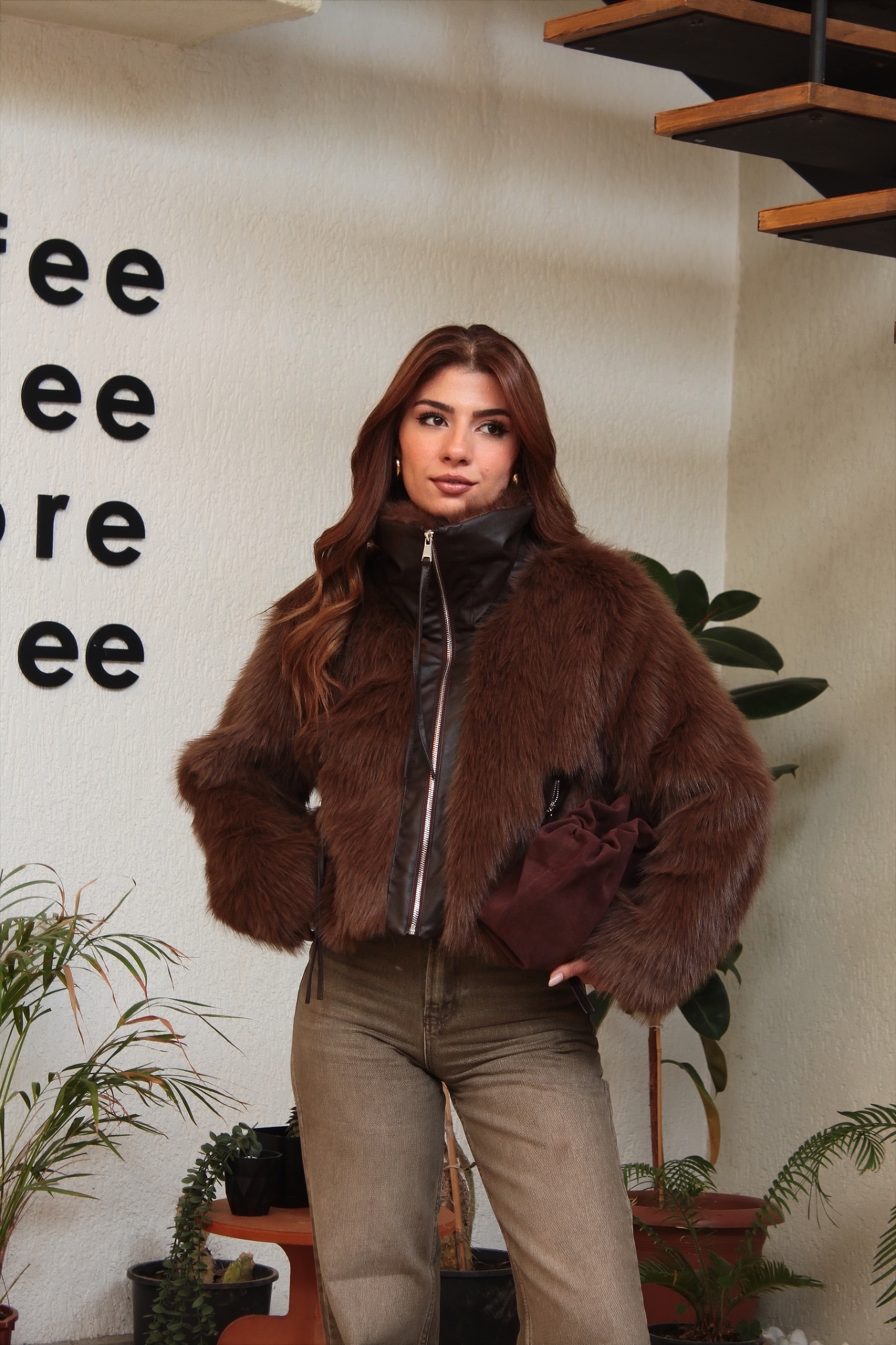 Deri detaylı acı kahve kürk 