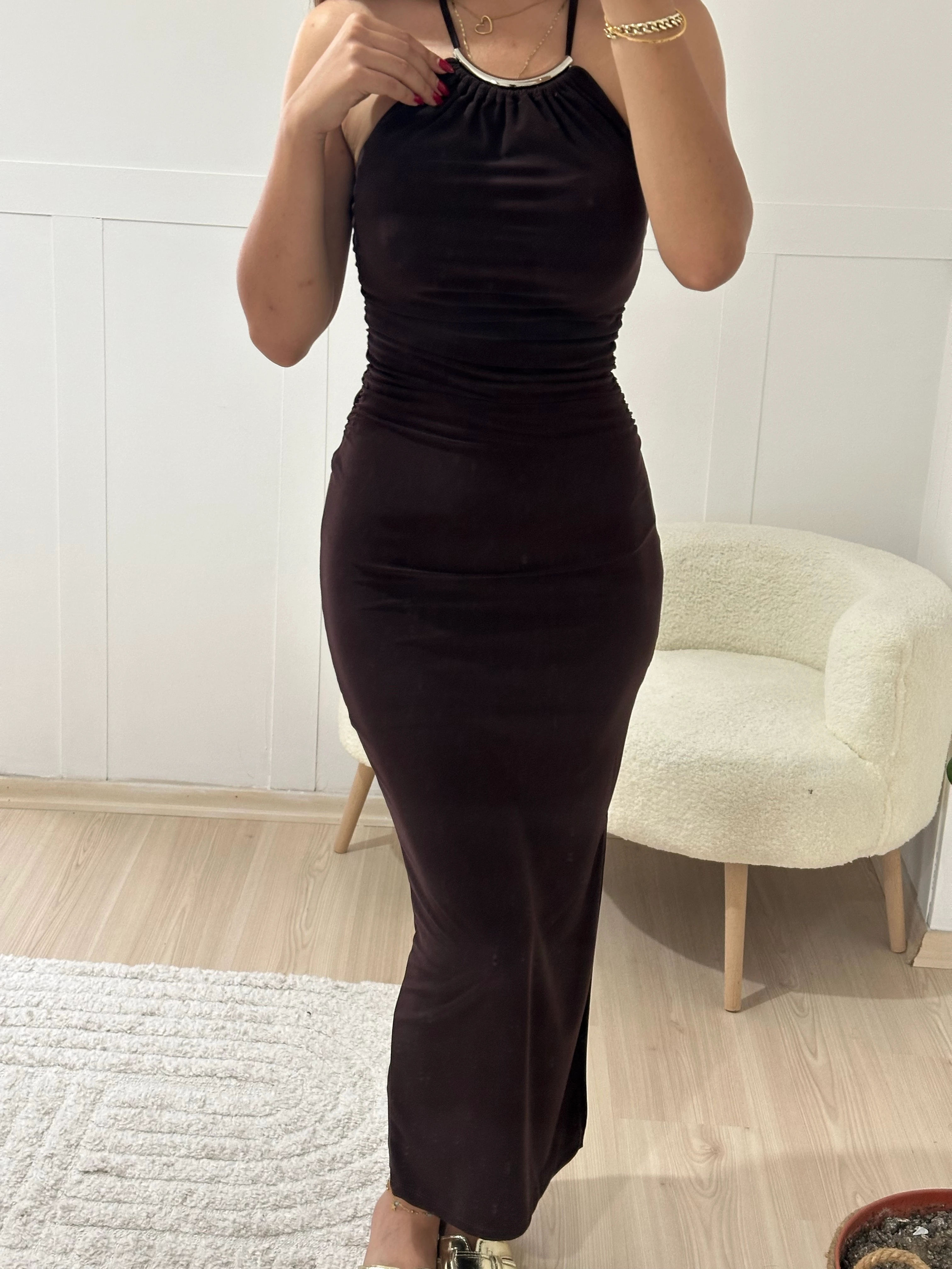 Gold yaka detaylı kalem elbise acı kahve 