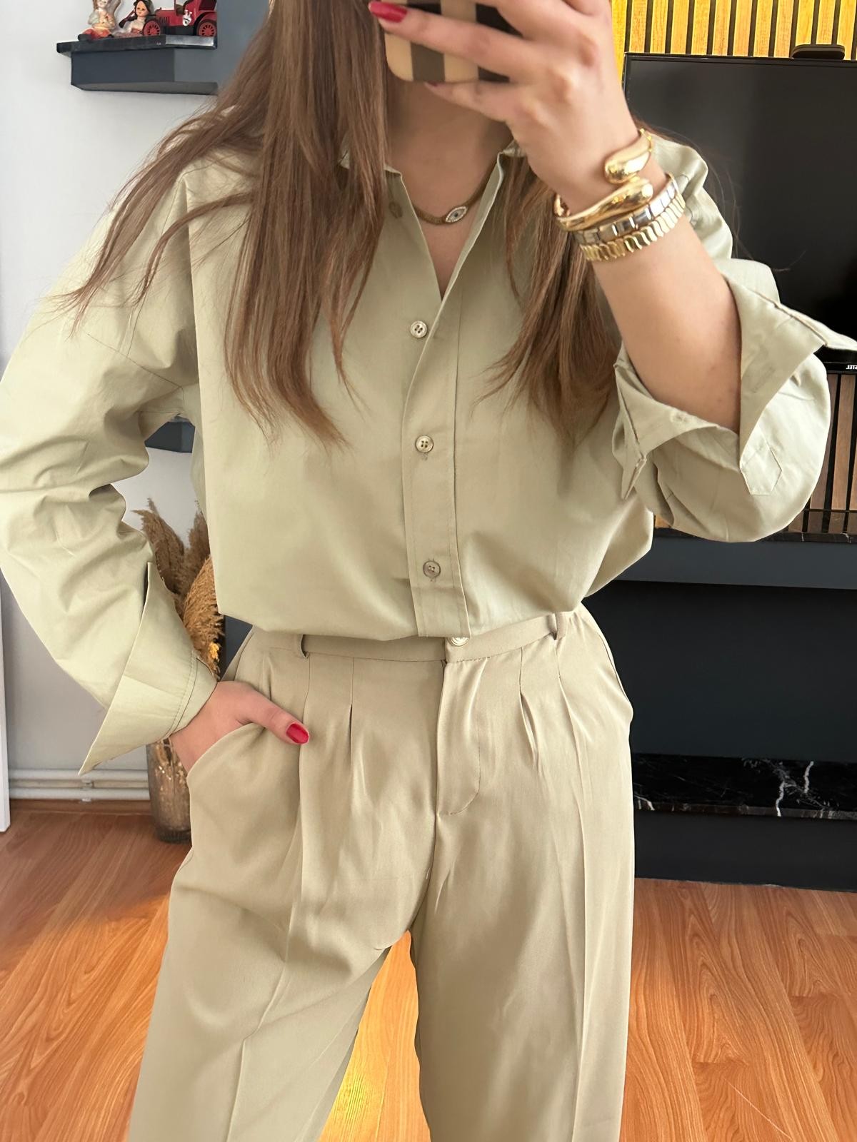 Çağla Yeşili Oversize Gömlek