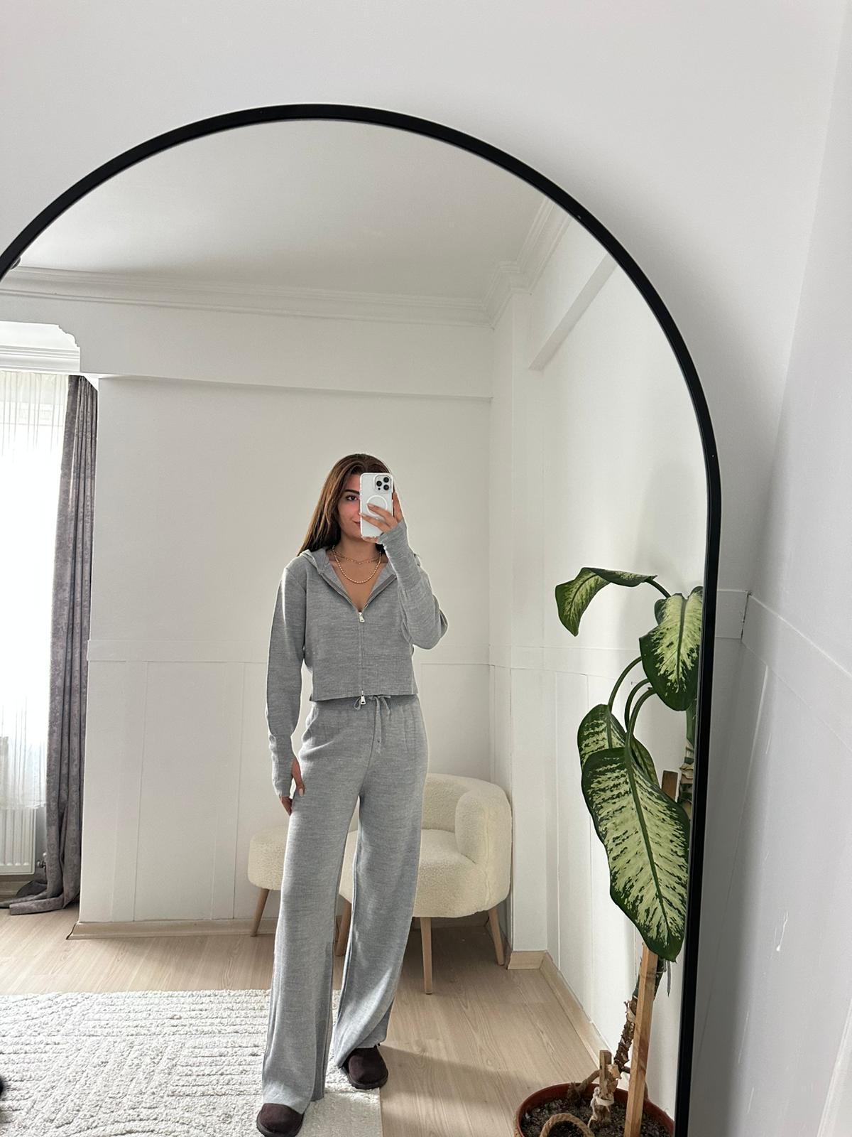 Gri çift fermuar detaylı triko takım