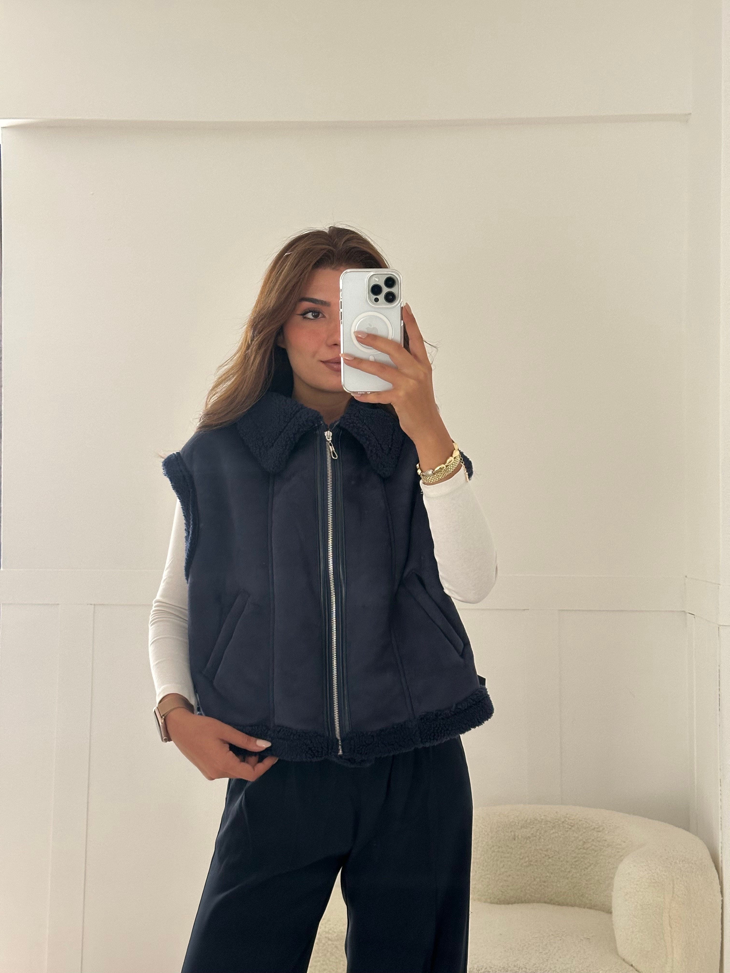 Lacivert kürklü yelek