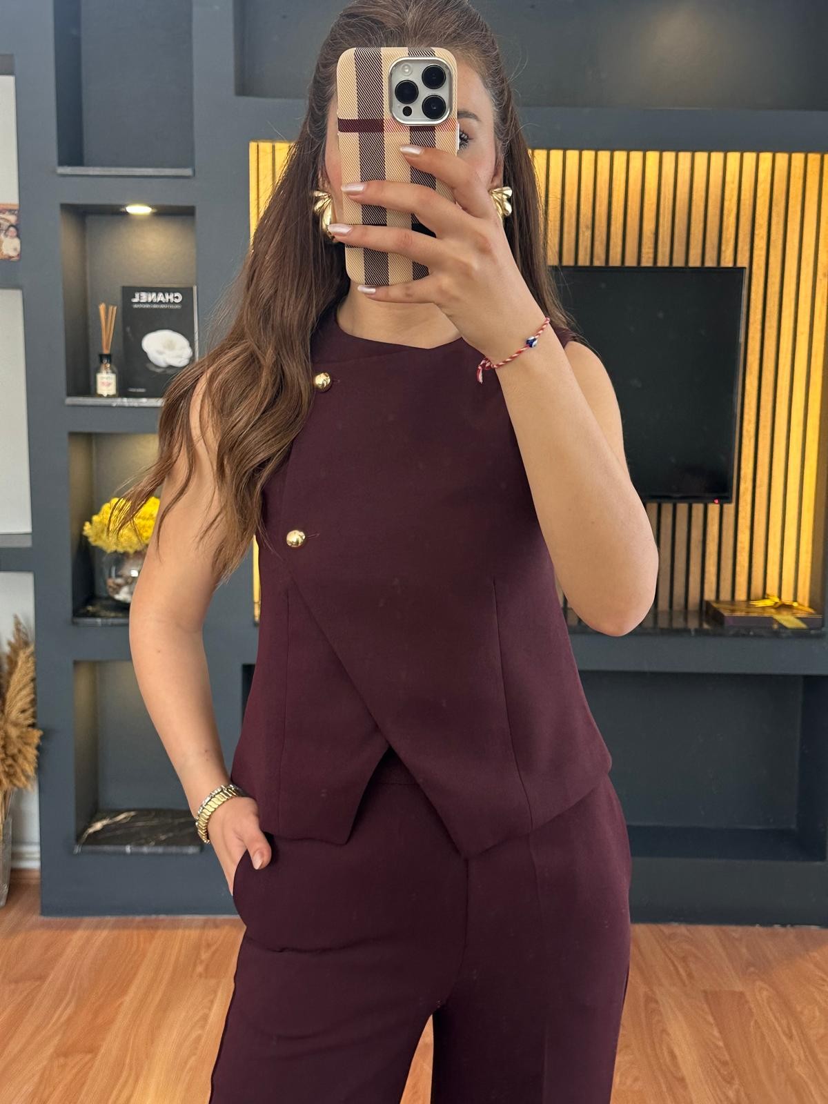Bordo Yelekli Gold Düğme Detaylı Kumaş Takım