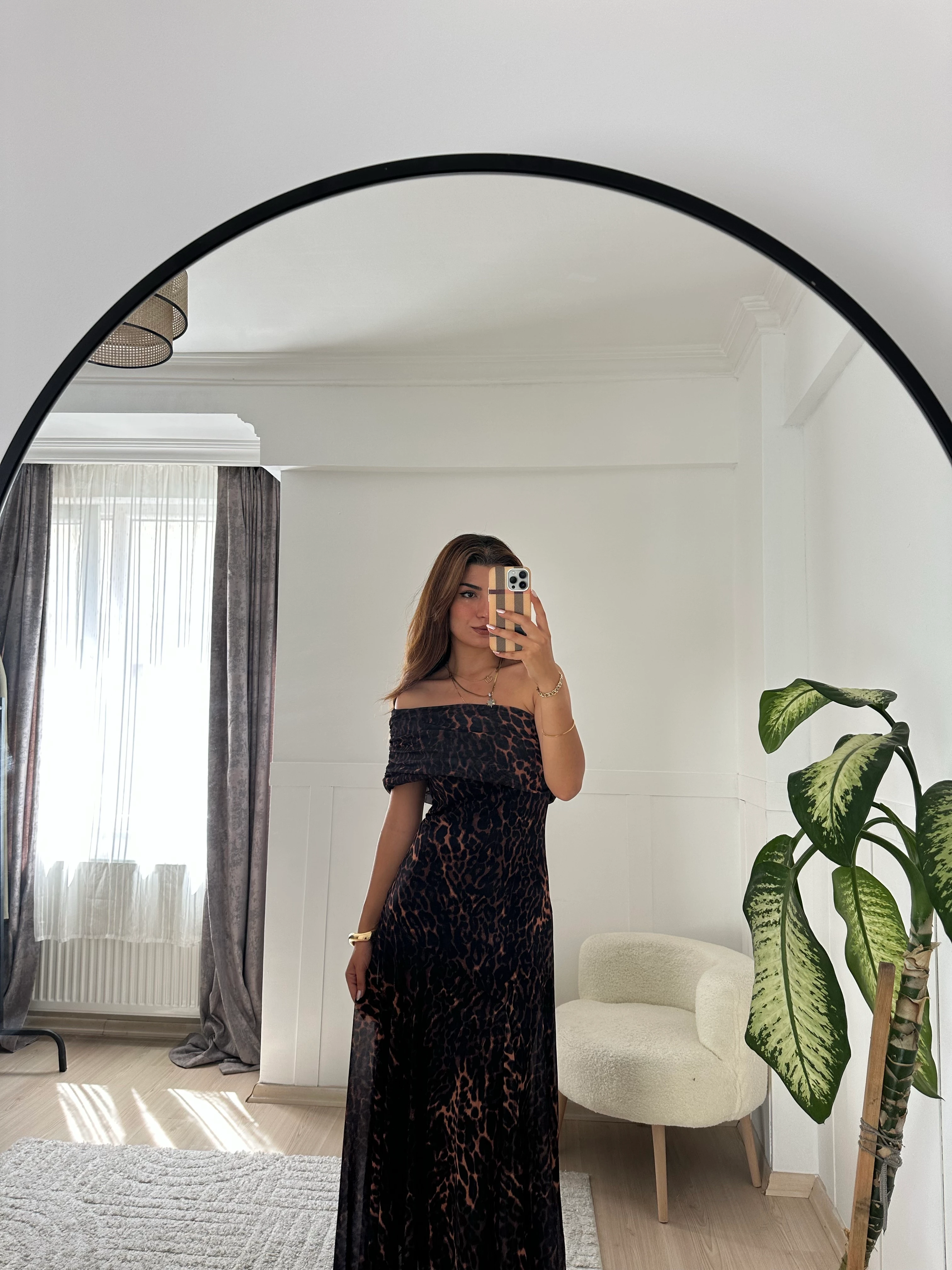 Leopar tek omuz tül elbise 