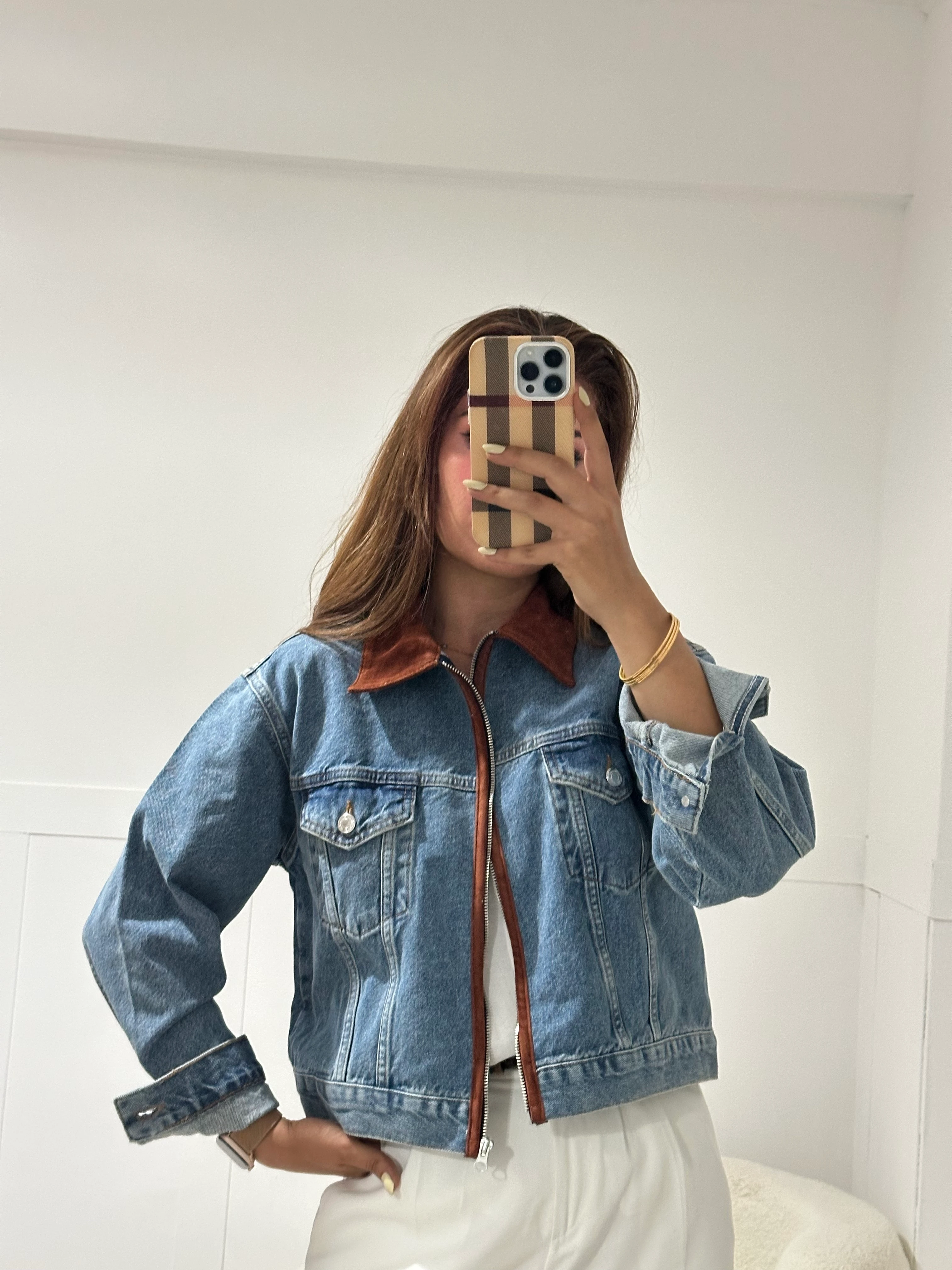 Marka muadil süet yaka detaylı kot ceket