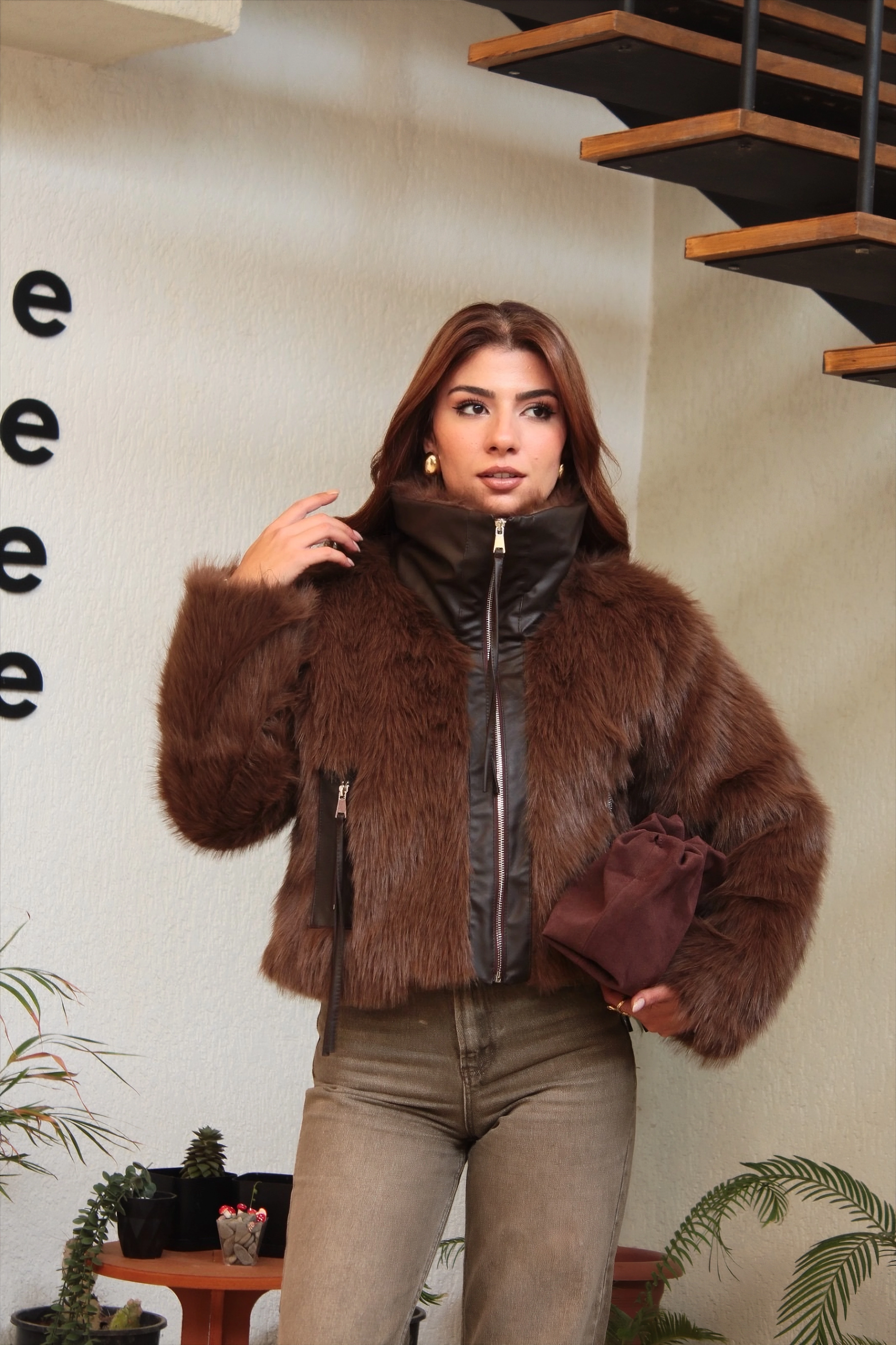 Deri detaylı acı kahve kürk 