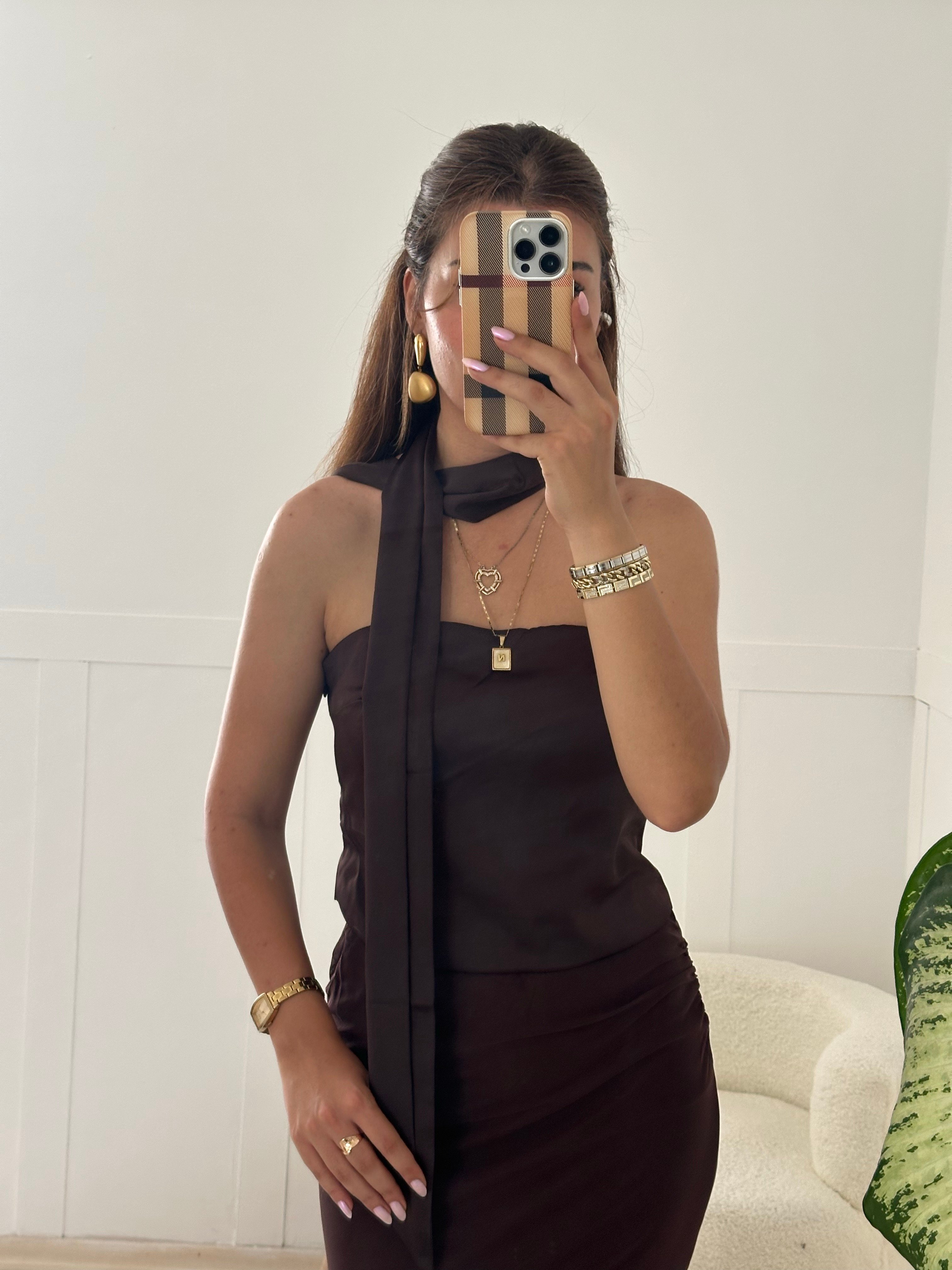 Acı kahve şallı saten bluz