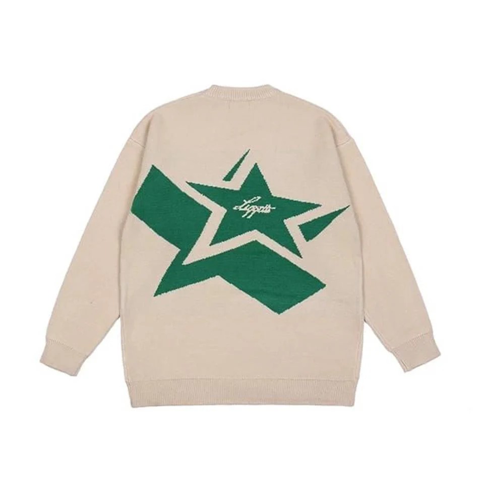 Y2K Vintage Harajuku Star Capitol Ön Arka Baskılı Unisex Oversize Ecru Kazak