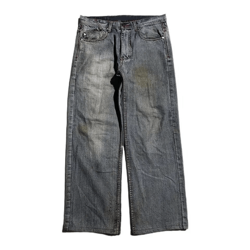 Gri Double Fire Skull Streetwear Yıkamalı Jean Pantolon