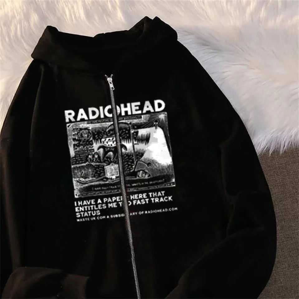 Radiohead Baskılı Oversize Fermuarlı Siyah Unisex Kapüşonlu Hırka