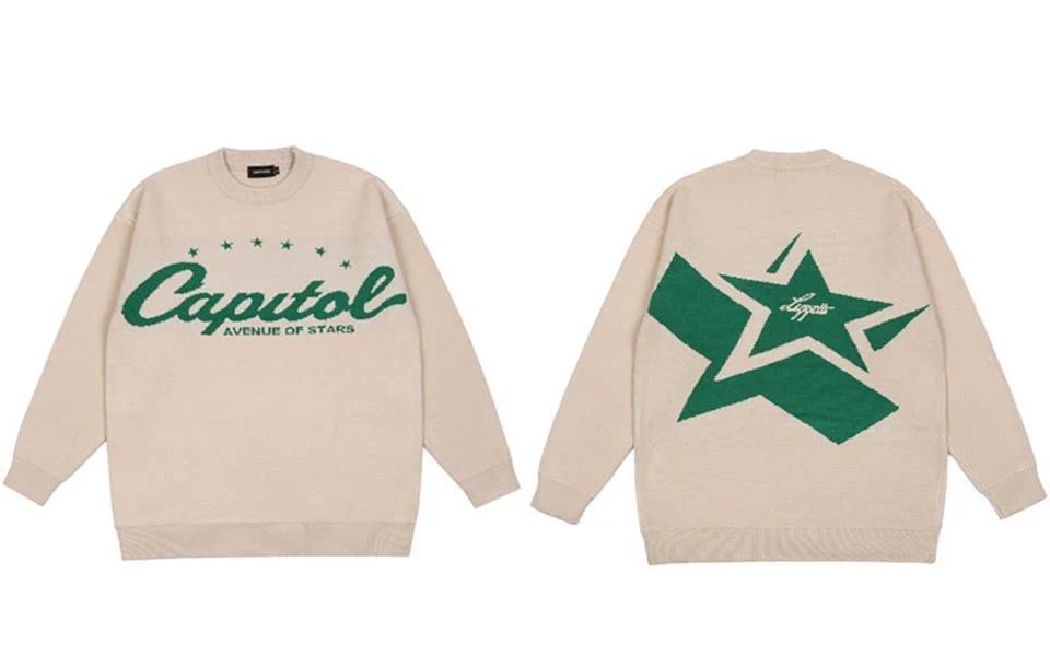 Y2K Vintage Harajuku Star Capitol Ön Arka Baskılı Unisex Oversize Ecru Kazak