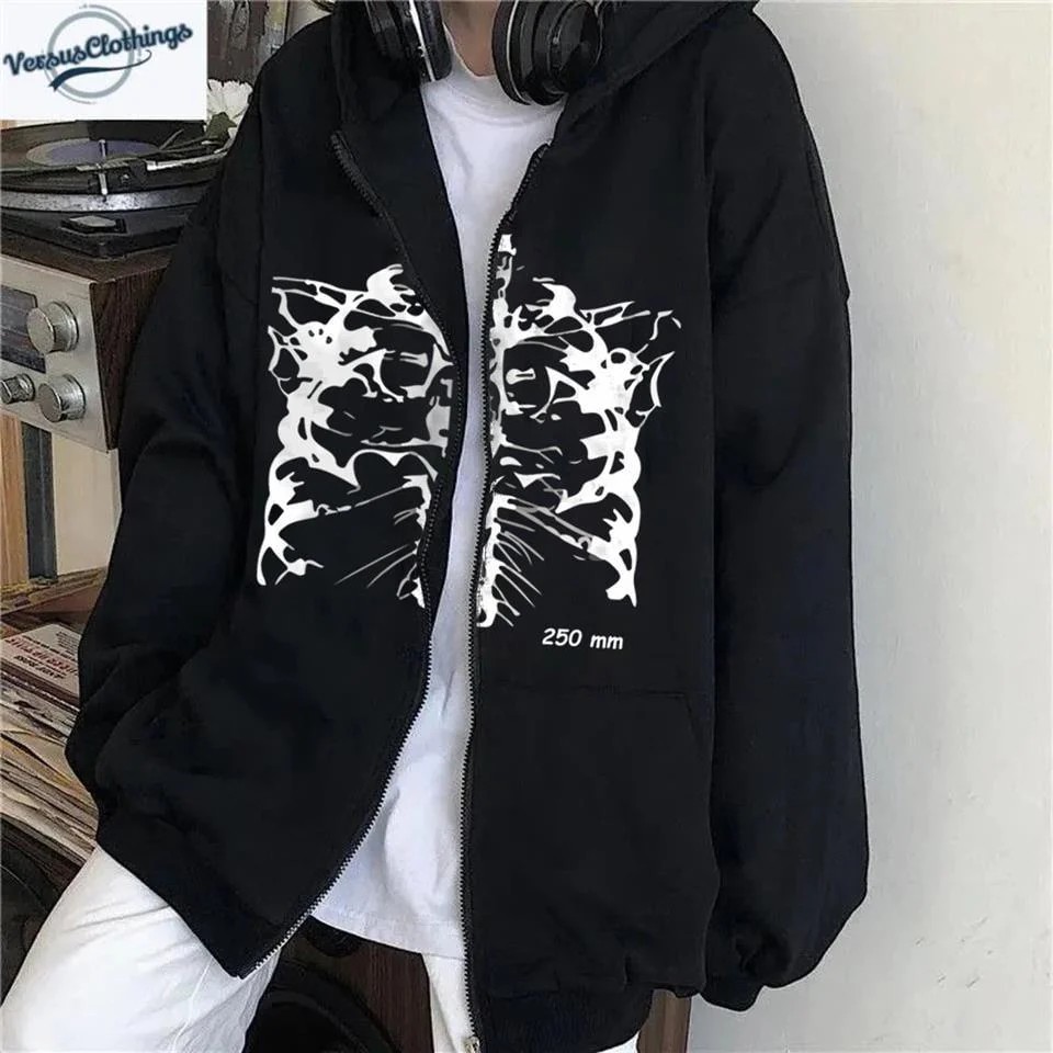  Aesthetic Skeleton Baskılı Oversize Fermuarlı Siyah Unisex Kapüşonlu Hırka