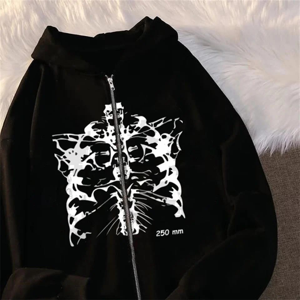  Aesthetic Skeleton Baskılı Oversize Fermuarlı Siyah Unisex Kapüşonlu Hırka