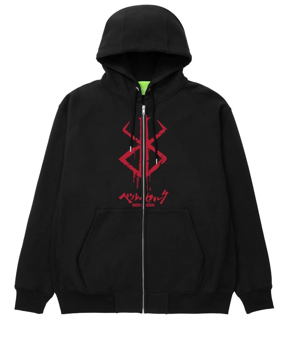 Berserk Logo Baskılı Oversize Fermuarlı Siyah Unisex Kapüşonlu Hırka