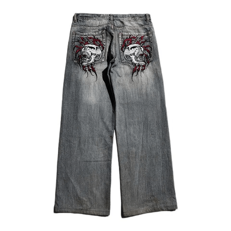 Gri Double Fire Skull Streetwear Yıkamalı Jean Pantolon