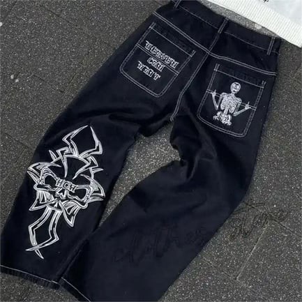 Beyaz Nakışlı Skeleton Heaven Can Wait Streetwear Jean Pantolon