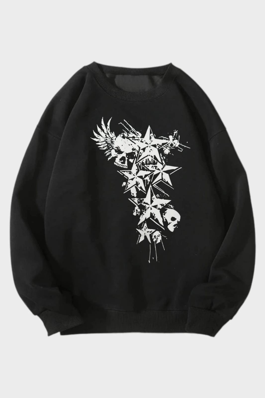 Skull Star Siyah Unisex Oversize Bisiklet Yaka Sweatshirt