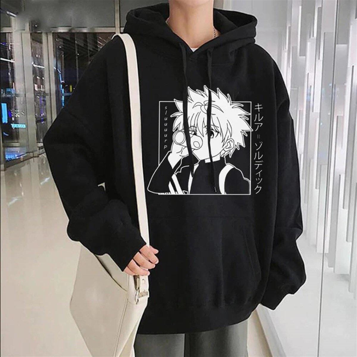 Anime Siyah Unisex Oversize Kapüşonlu Sweatshirt