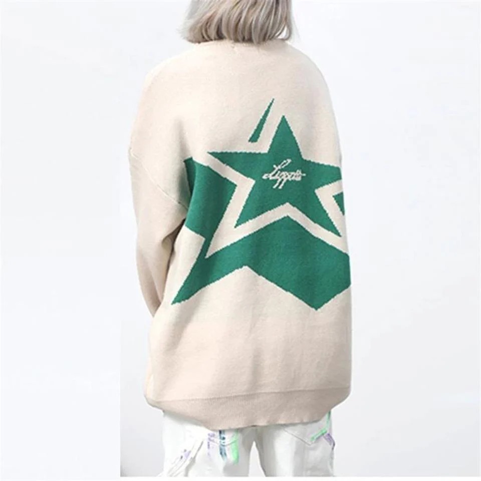 Y2K Vintage Harajuku Star Capitol Ön Arka Baskılı Unisex Oversize Ecru Kazak