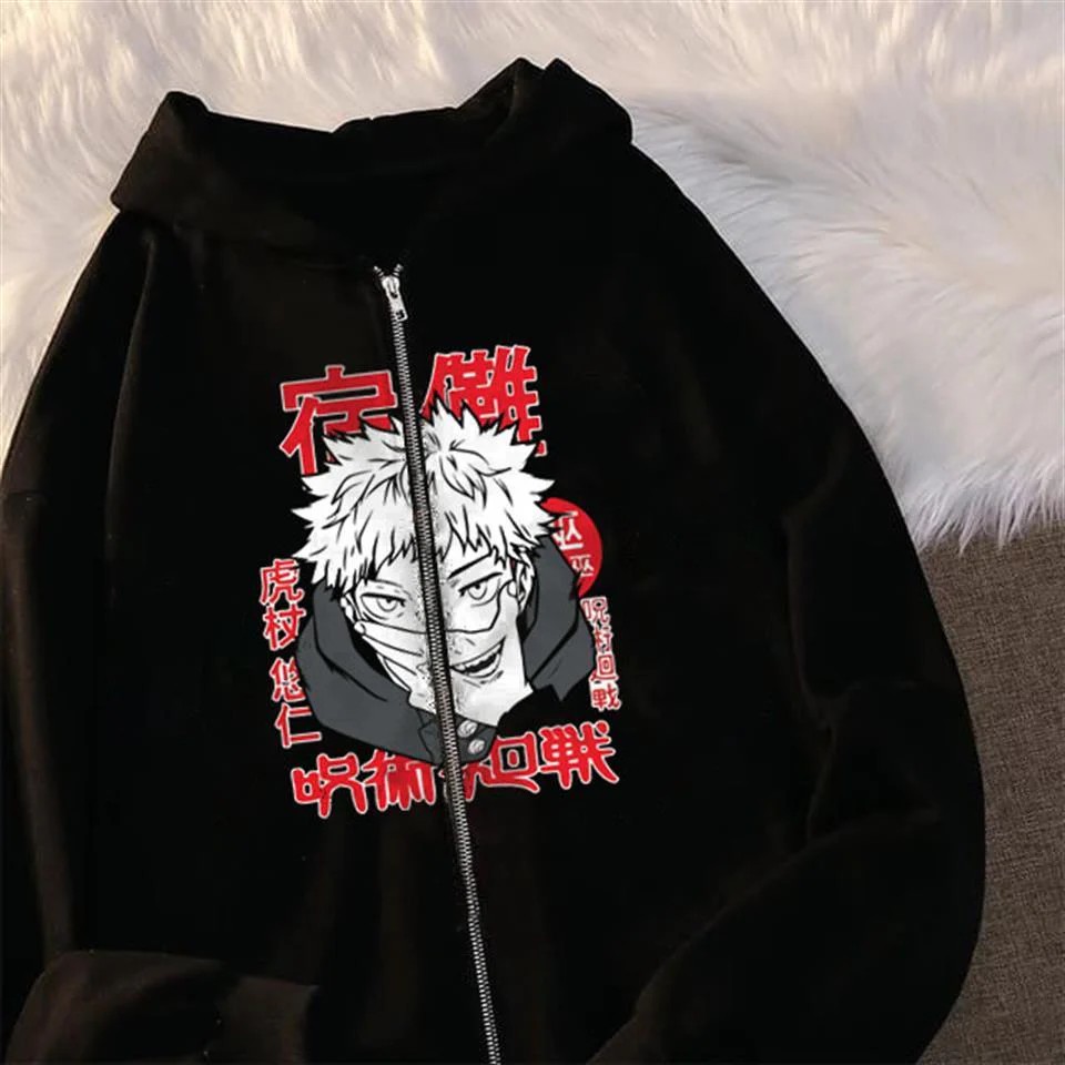  Jujutsu Kaisen Poster Baskılı Oversize Fermuarlı Siyah Unisex Kapüşonlu Hırka