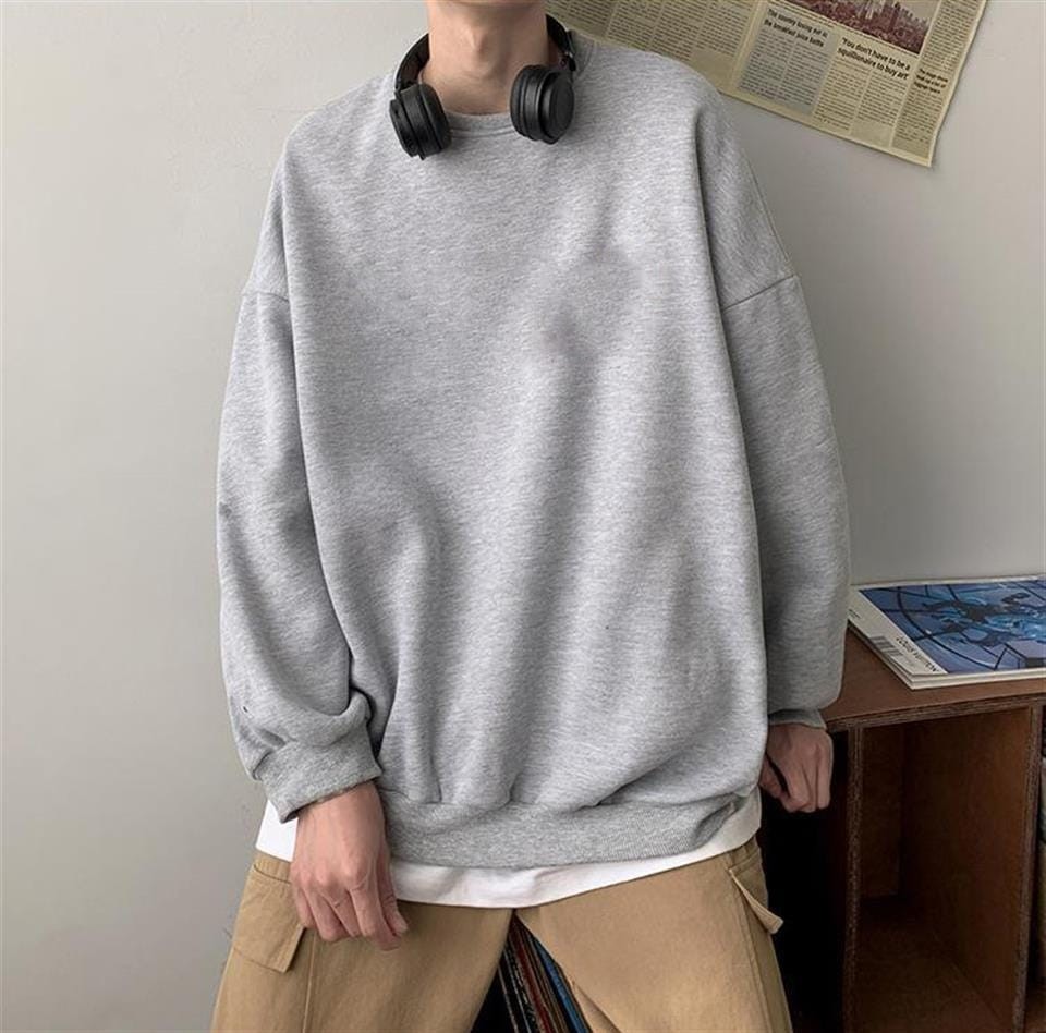 Düz Gri Baskısız Unisex Oversize Bisiklet Yaka Sweatshirt