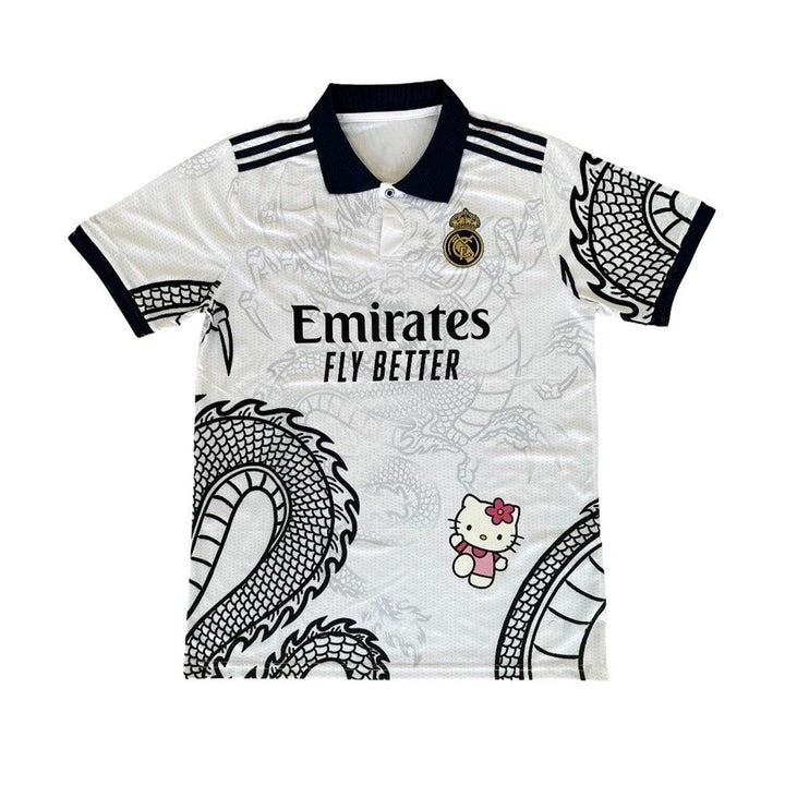 Beyaz Kitty Madrid Dragon Jersey Siyah Düğmeli Yaka T-shirt