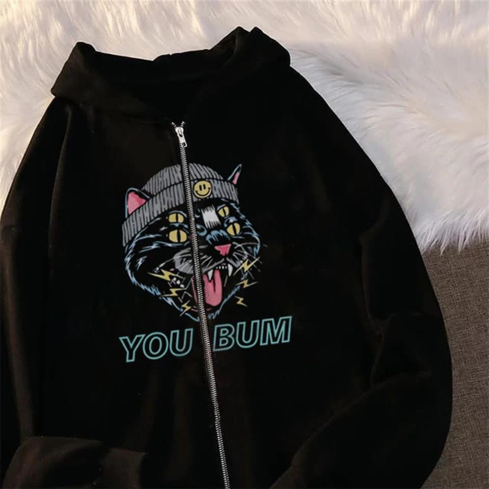 You Bum Cat Baskılı Oversize Fermuarlı Siyah Unisex Kapüşonlu Hırka