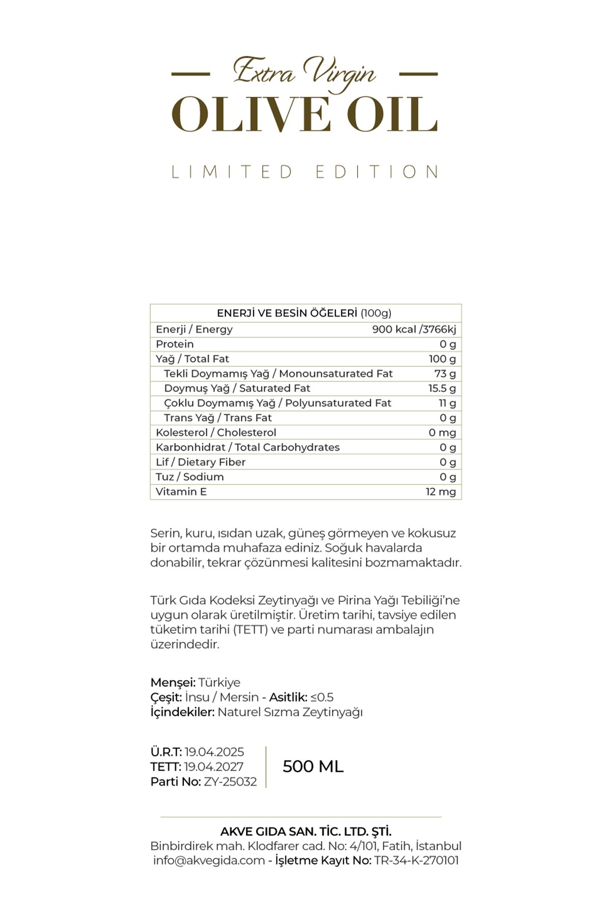 Alaca Hasat Soğuk Sıkım Naturel Sızma Zeytinyağı - Limited Edition