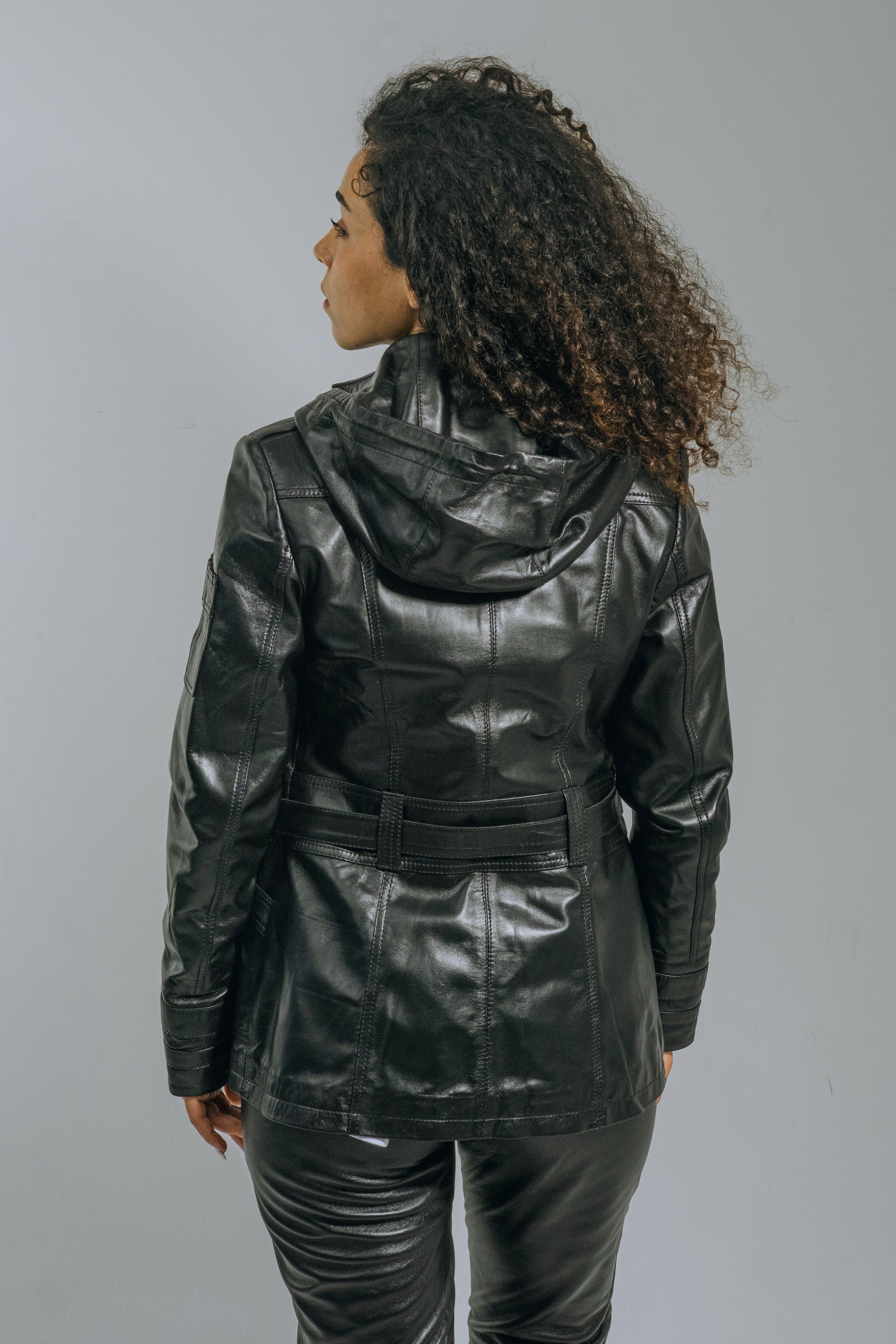 Stylish and Modern Design Black Genuine Leather Jacket for Women with Hooded and Belt Sandy