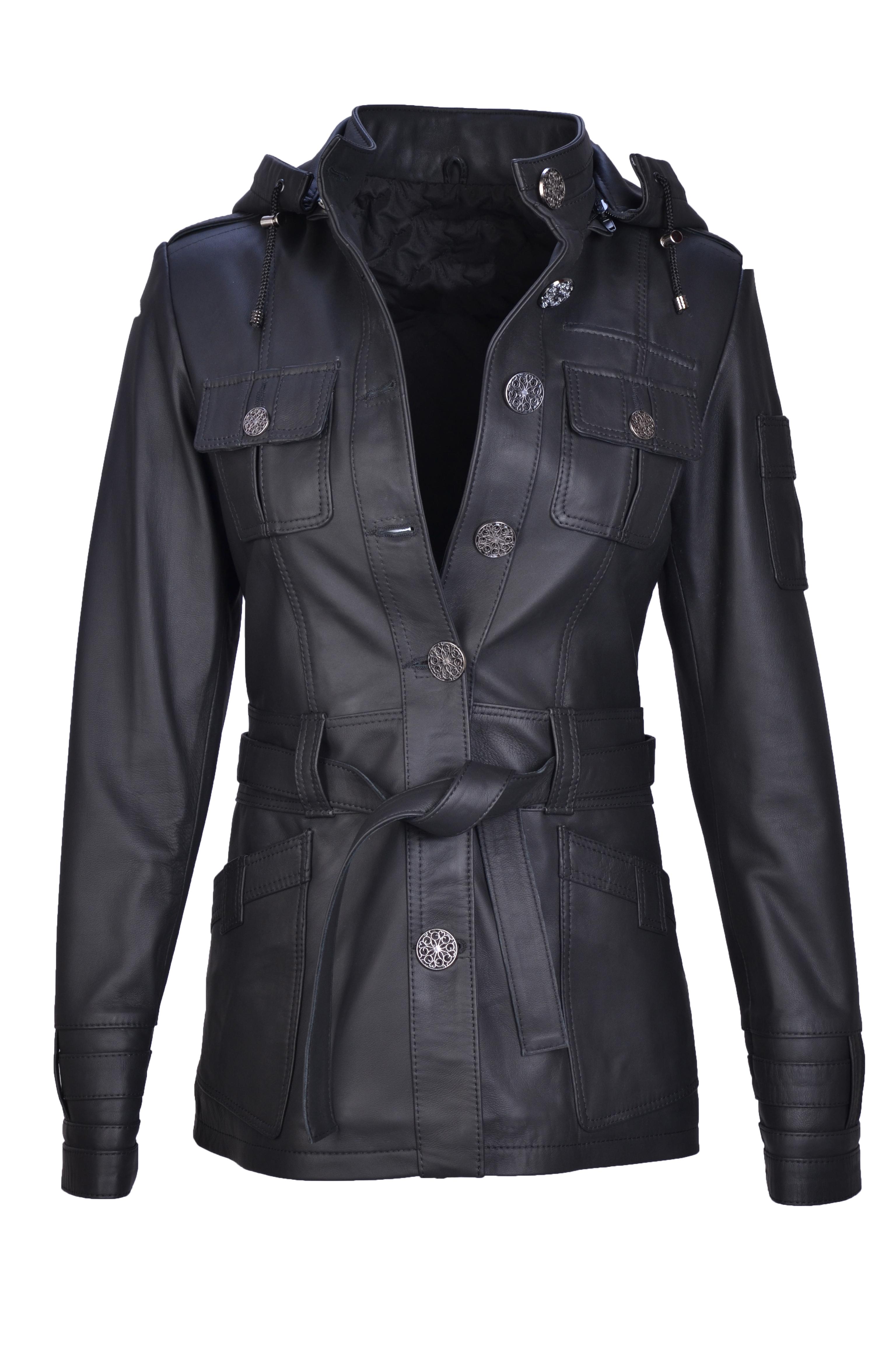 Stylish and Modern Design Black Genuine Leather Jacket for Women with Hooded and Belt Sandy