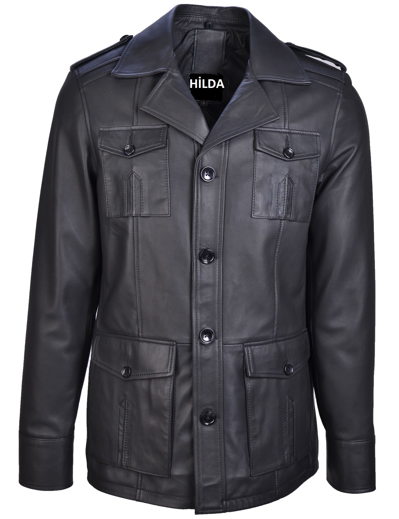 Safari Leather Jacket Black for Men Best Gift 4 Pocket Genuine Lambskin Henry