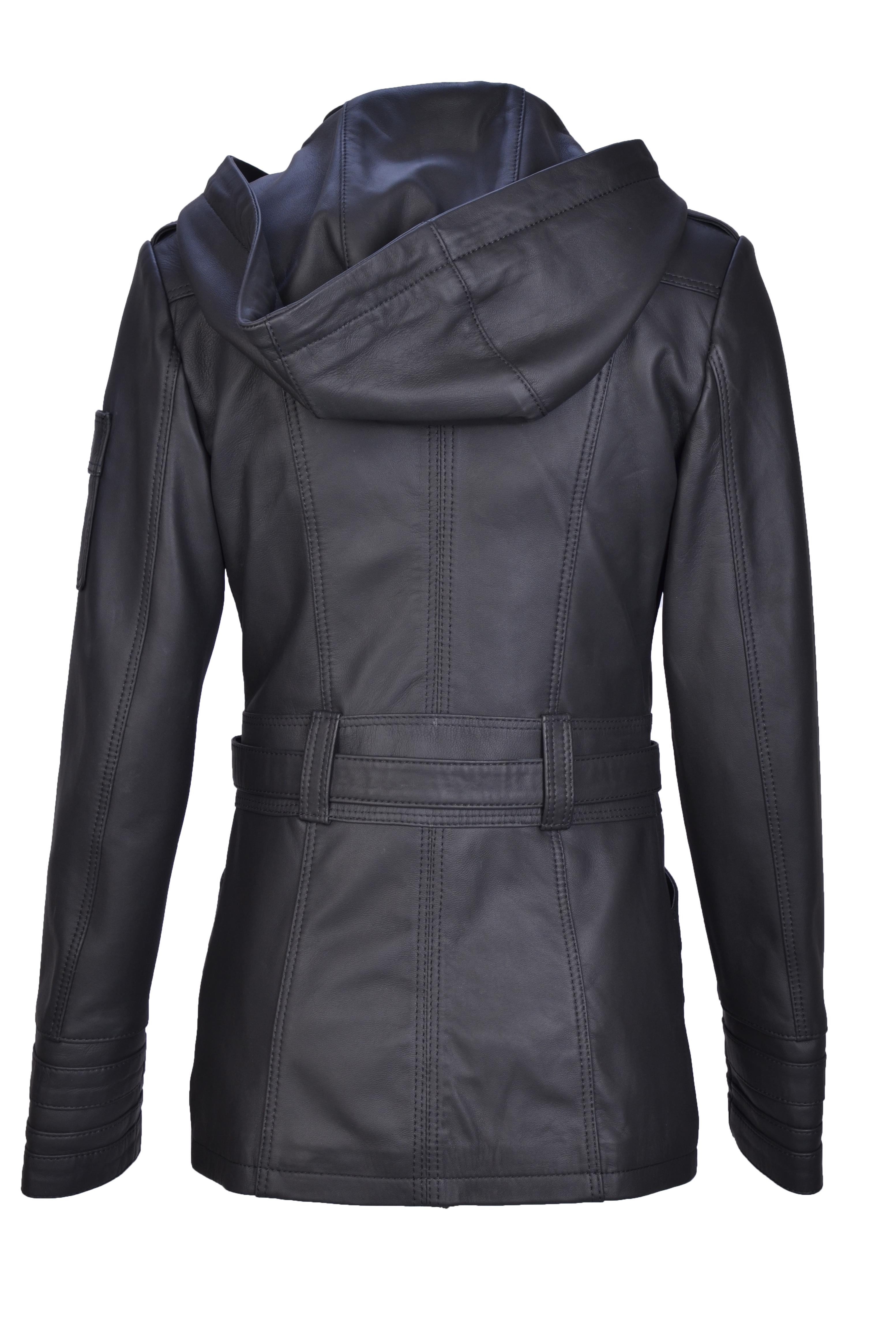 Stylish and Modern Design Black Genuine Leather Jacket for Women with Hooded and Belt Sandy