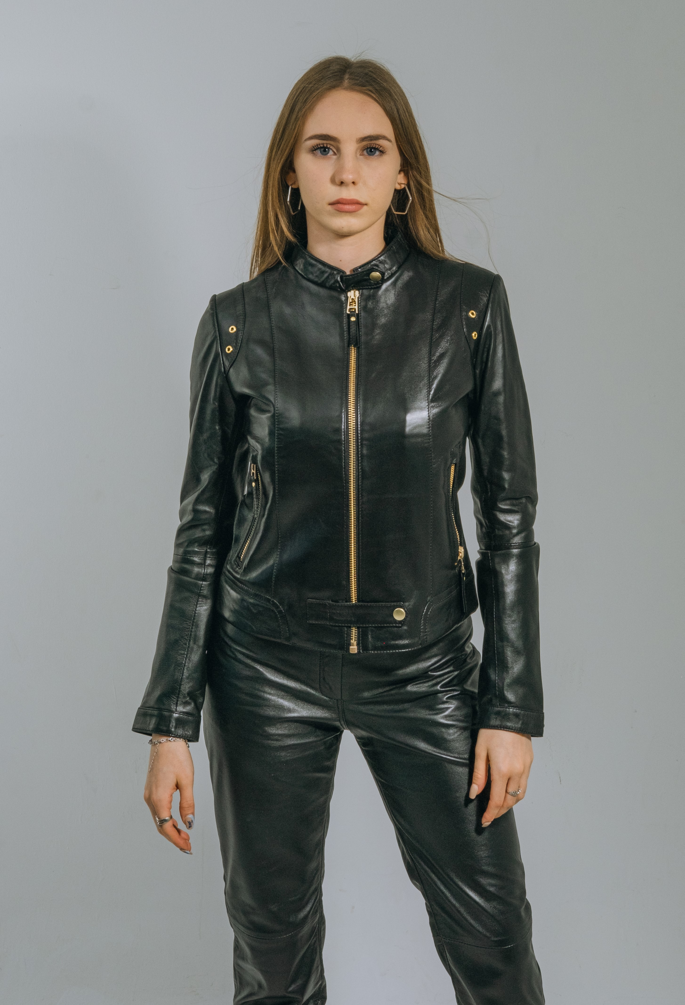 Black Genuine Leather Jacket for Women with Gold Color Accessories Viky