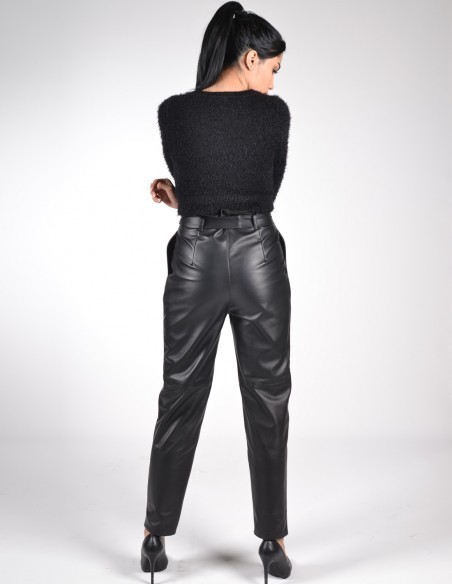 Almira Genuine Leather Pants Lambskin Tapered Leg with Belt and Side Pockets