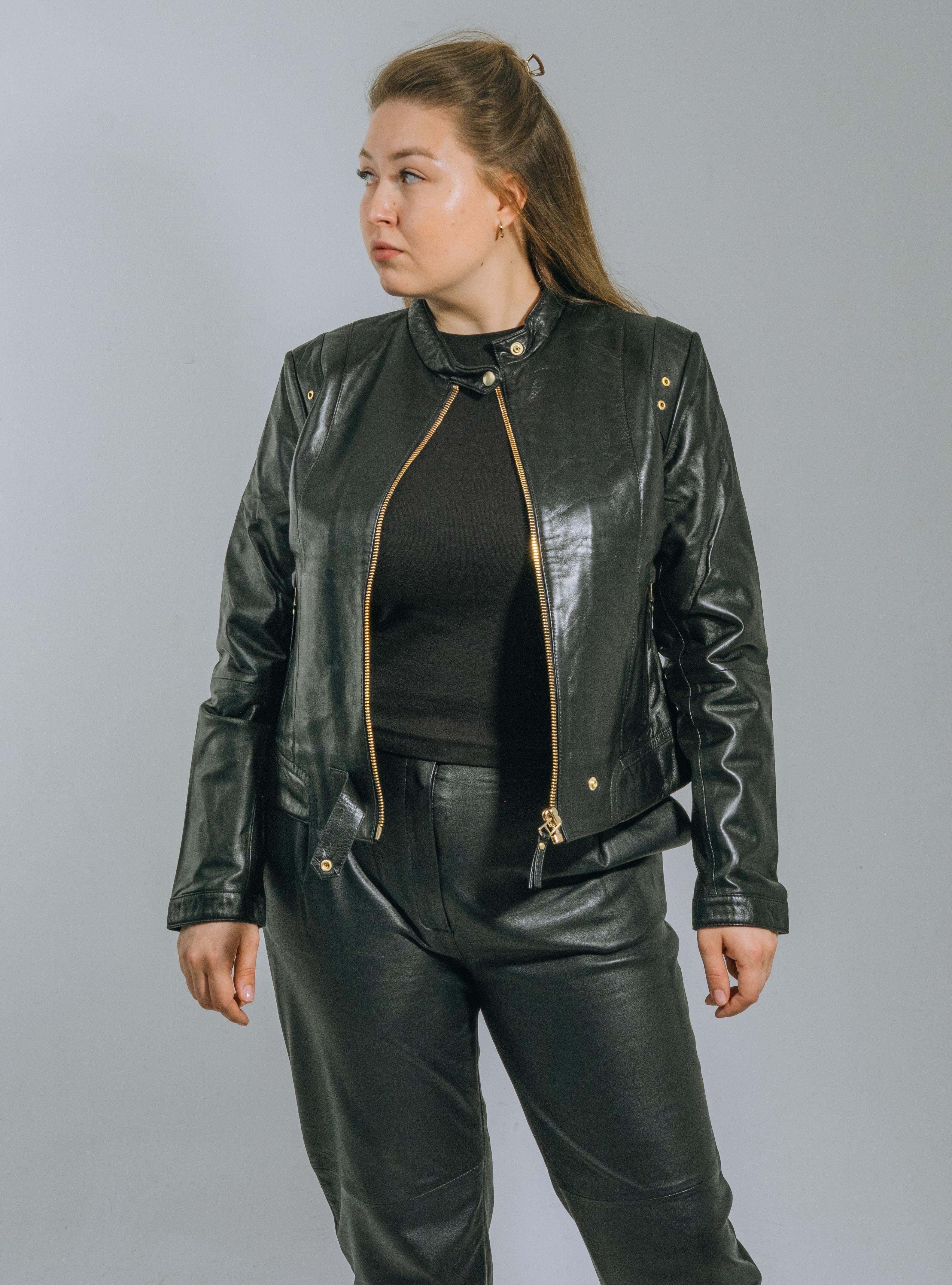 Black Genuine Leather Jacket for Women with Gold Color Accessories Viky