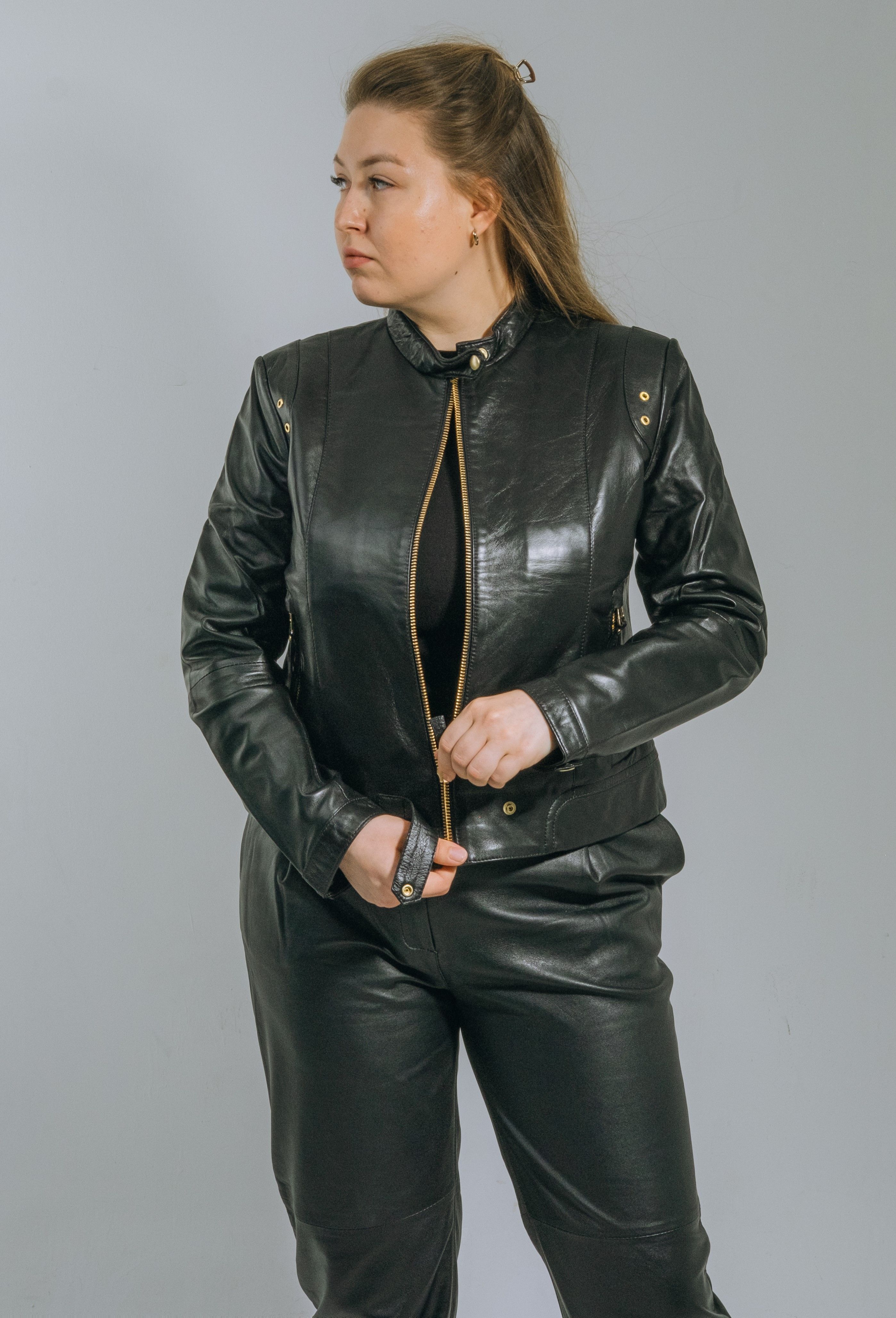 Black Genuine Leather Jacket for Women with Gold Color Accessories Viky