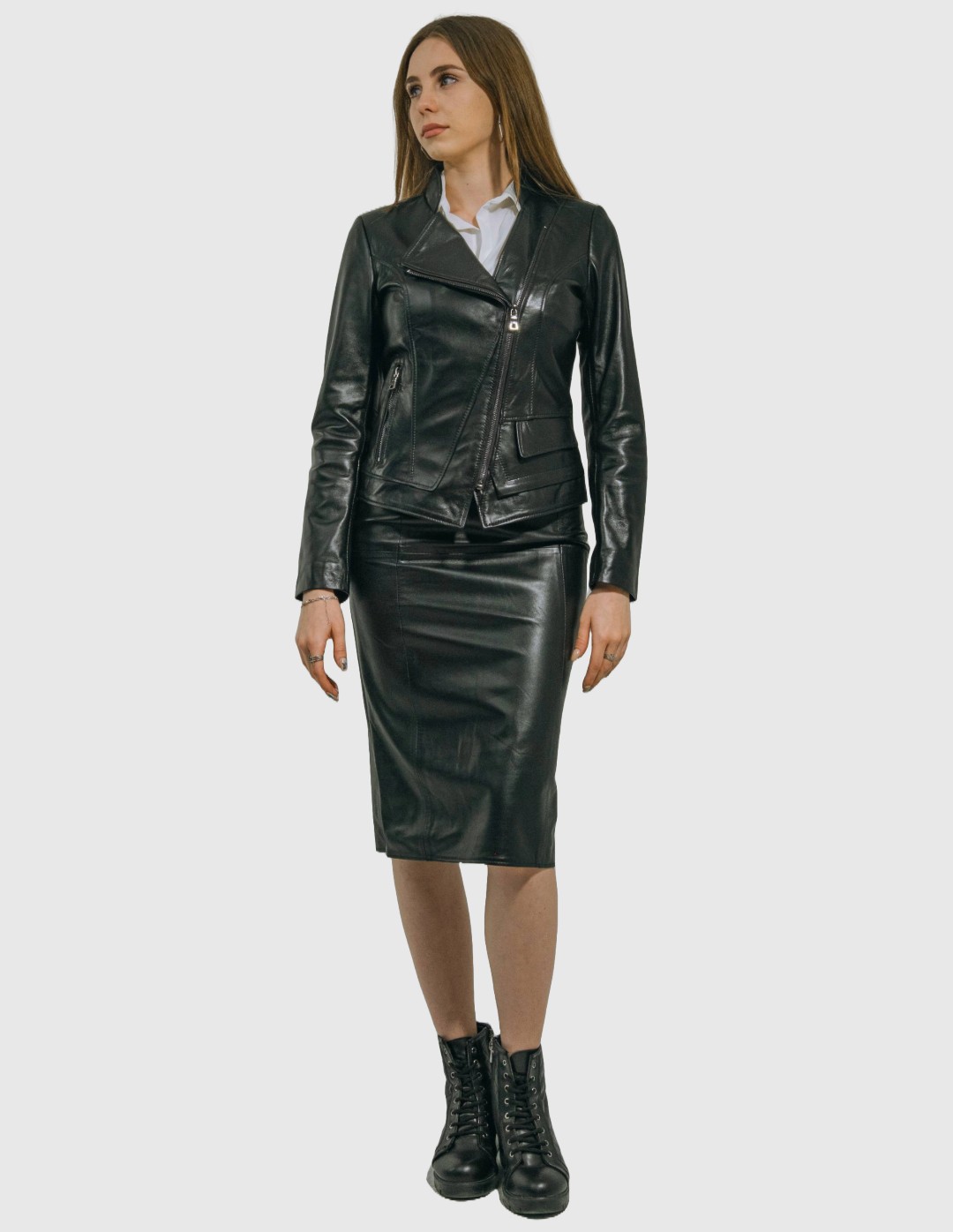 Black leather jacket pencil skirt hotsell