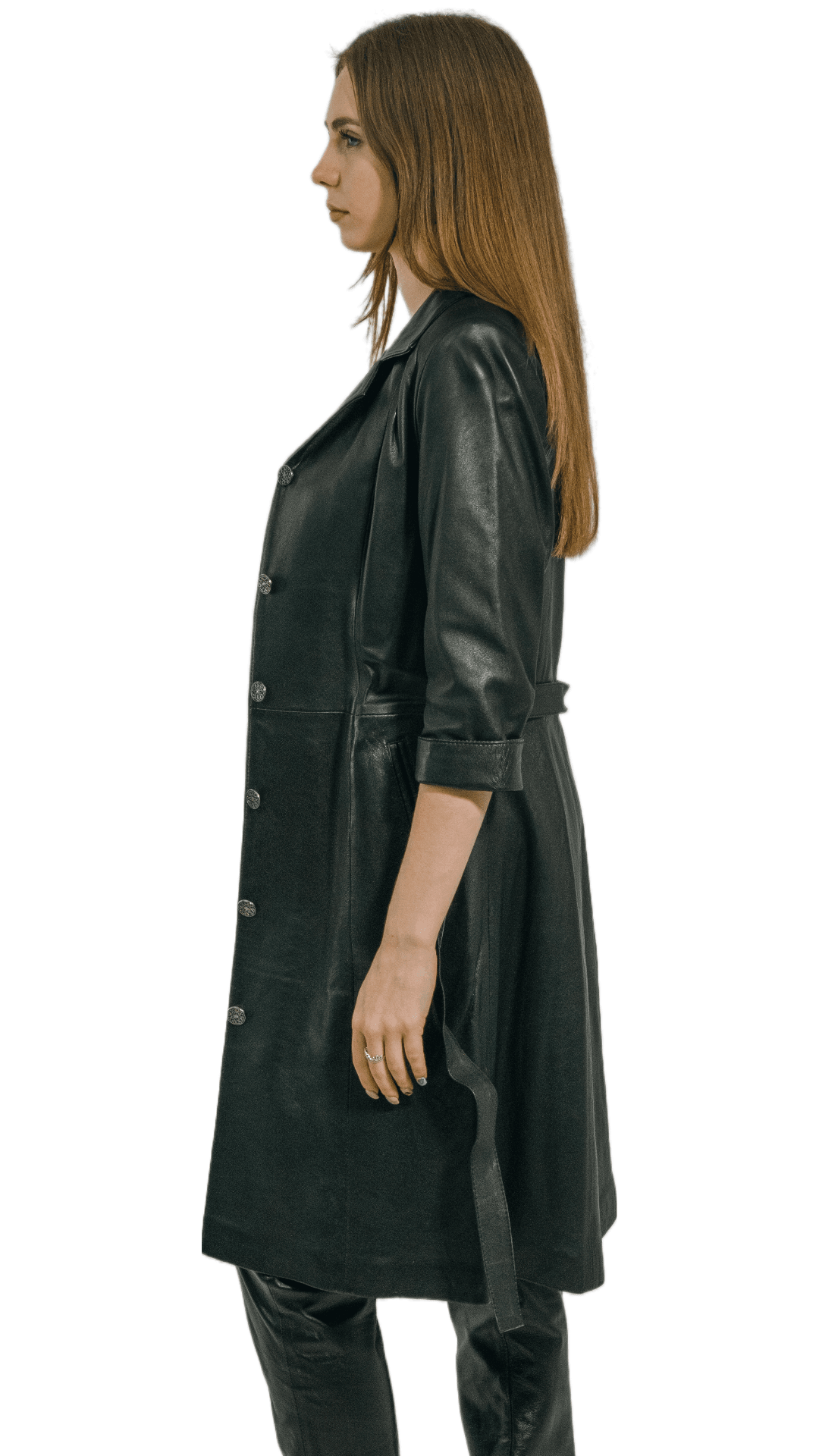  Buttoned Black Genuine Leather Dress Half Sleeve Trench Coat for Women Diana