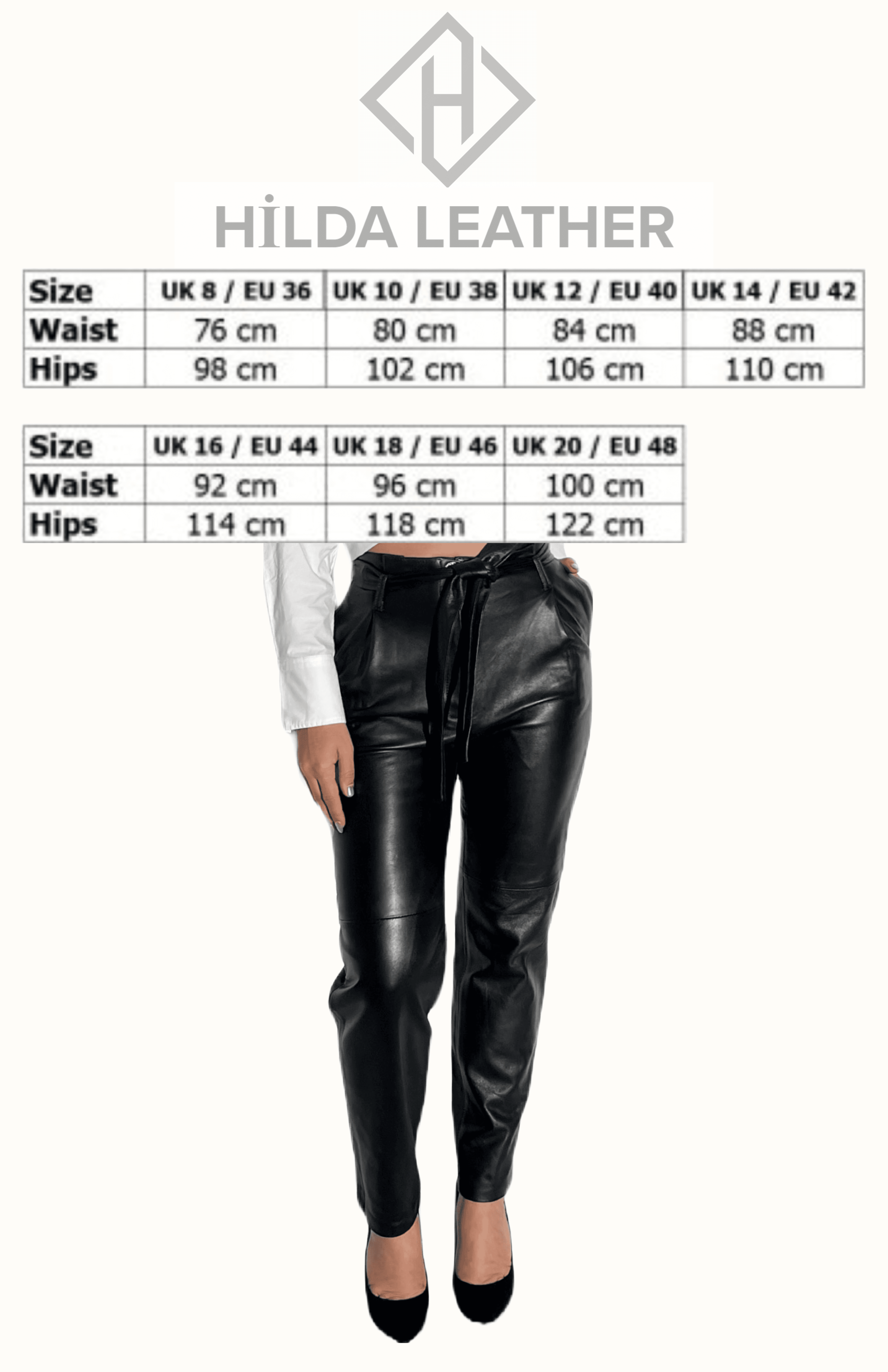 Almira Genuine Leather Pants Lambskin Tapered Leg with Belt and Side Pockets