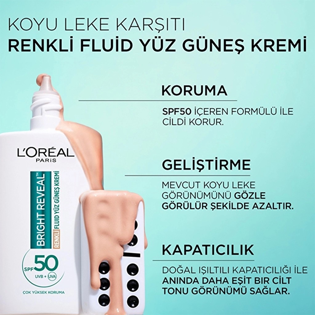 Loreal Paris Bright Reveal SPF 50+ Koyu Leke Karşıtı Fluid Günlük Yüz Güneş Kremi 50 ml