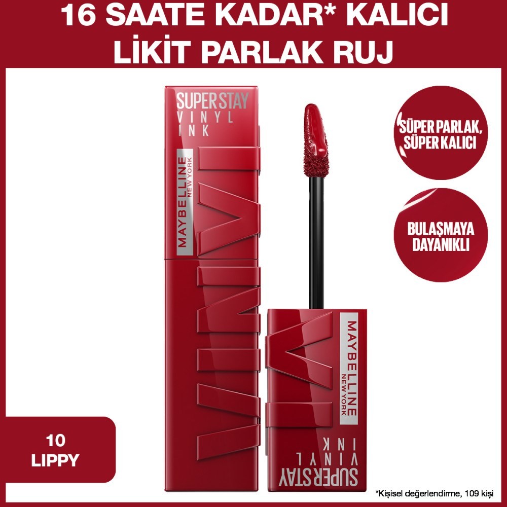 Maybelline New York Super Stay Vinyl Ink Uzun Süre Kalıcı Likit Parlak Ruj 10 Lippy