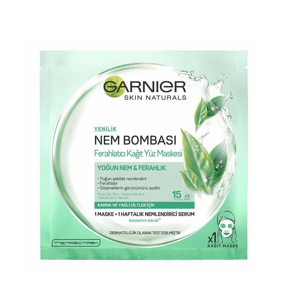 Garnier Skin Natural Ferahlatıcı Kağıt Yüz Maskesi Nem Bombası Yeşil Çay Özlü