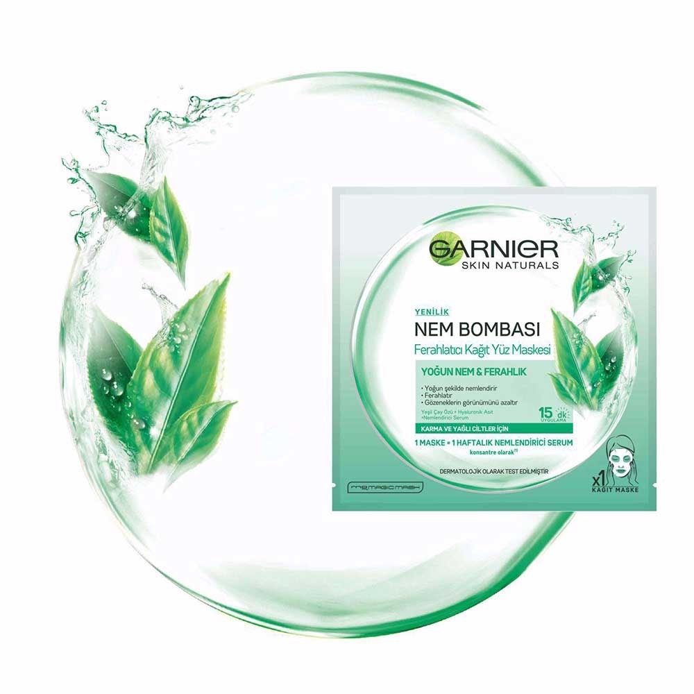 Garnier Skin Natural Ferahlatıcı Kağıt Yüz Maskesi Nem Bombası Yeşil Çay Özlü