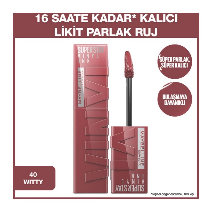 Maybelline New York Super Stay Vinyl Ink Uzun Süre Kalıcı Likit Parlak Ruj 40 Witty