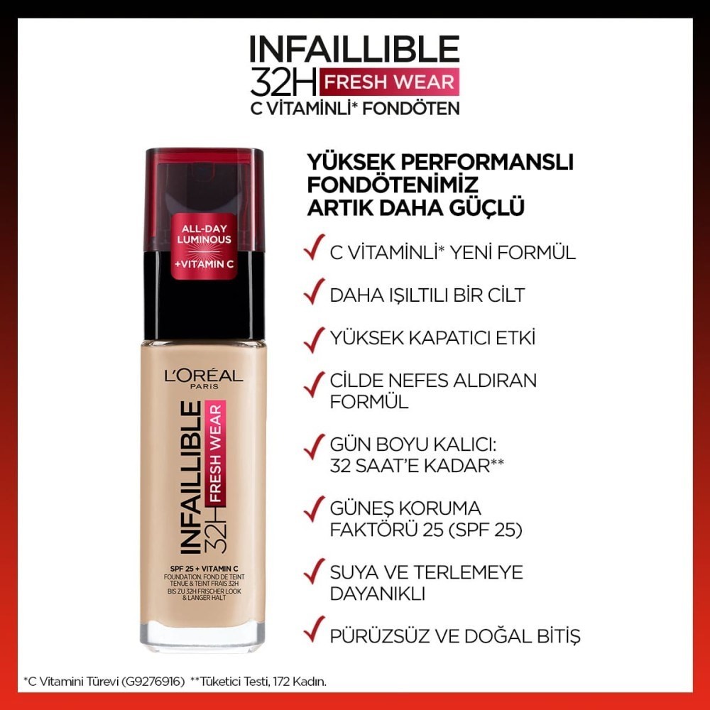 Loreal Paris Face Uzun Süre Kalıcı Fondöten - Infaillible 32H Fresh Wear 130 True Beige 30 ml